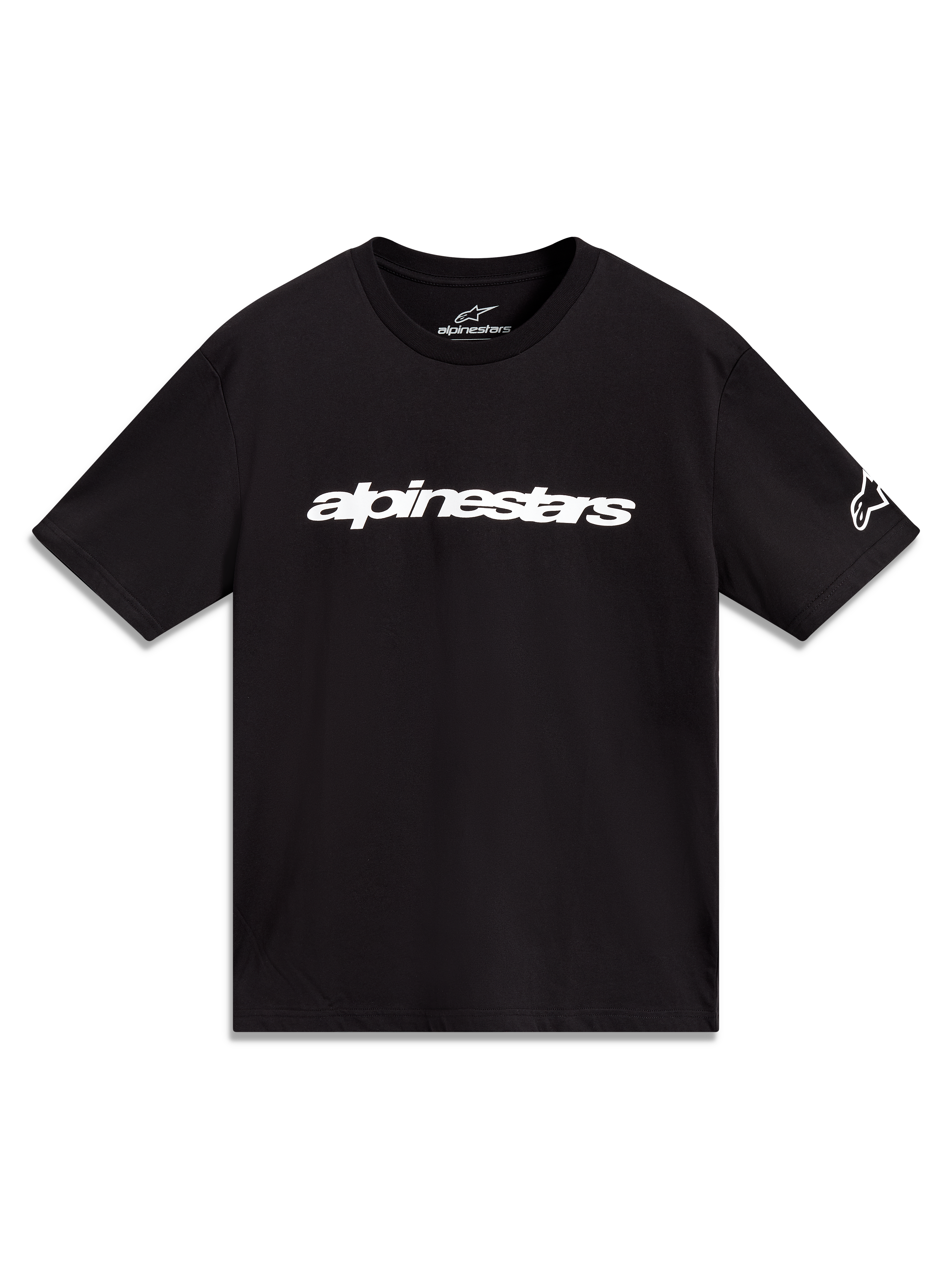 Alpinestars Race Wordmark CSF Tee, czarna koszulka z krótkim rękawem, białe logo Linear i grafika na rękawie.