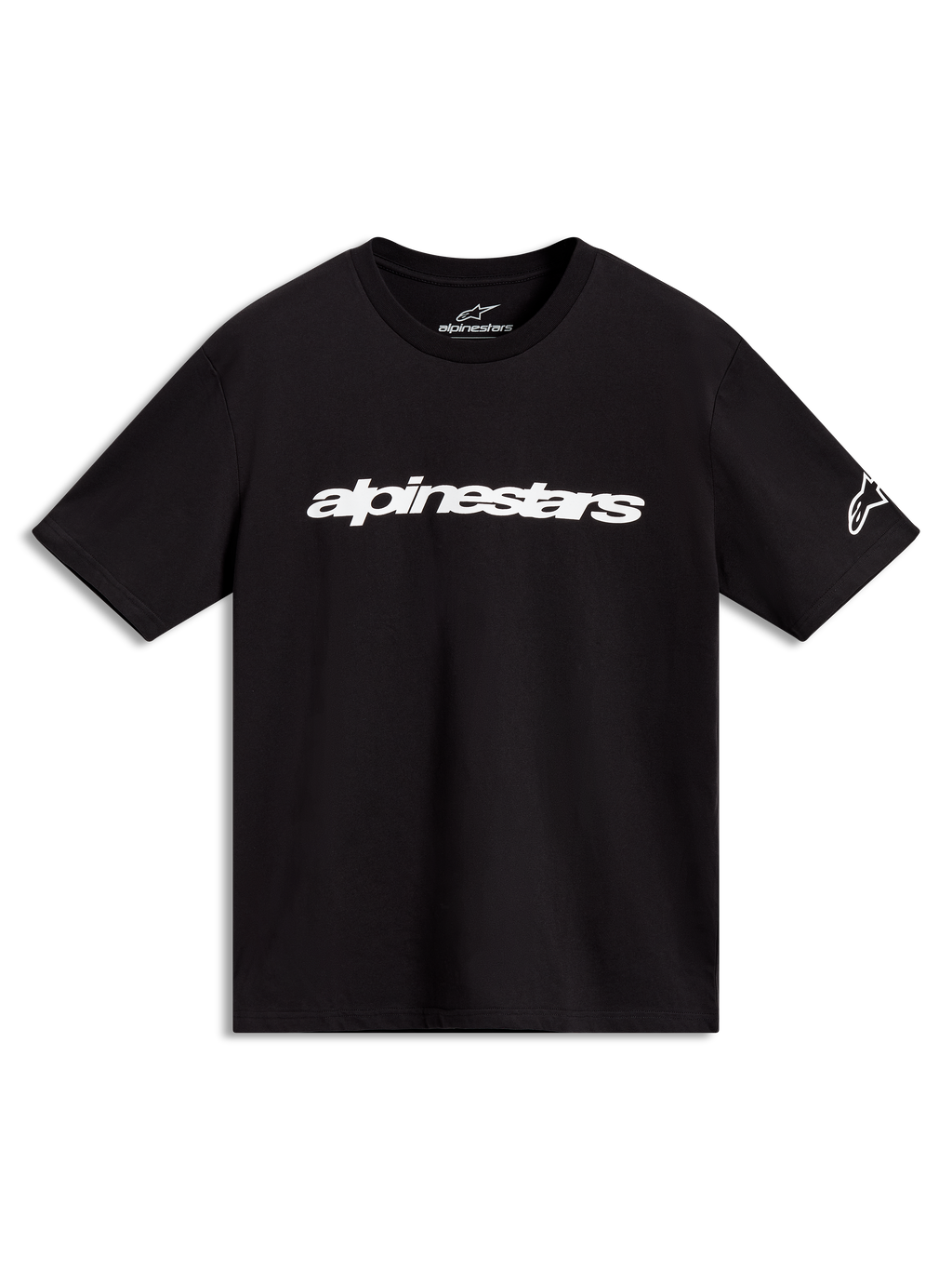 Alpinestars Race Wordmark CSF Tee, czarna koszulka z krótkim rękawem, białe linearne logo na klatce piersiowej i symbol na rękawie, sportowa odzież codzienna.