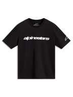 Alpinestars Race Wordmark CSF Tee, czarna koszulka z krótkim rękawem, białe linearne logo na klatce piersiowej i symbol na rękawie, sportowa odzież codzienna.