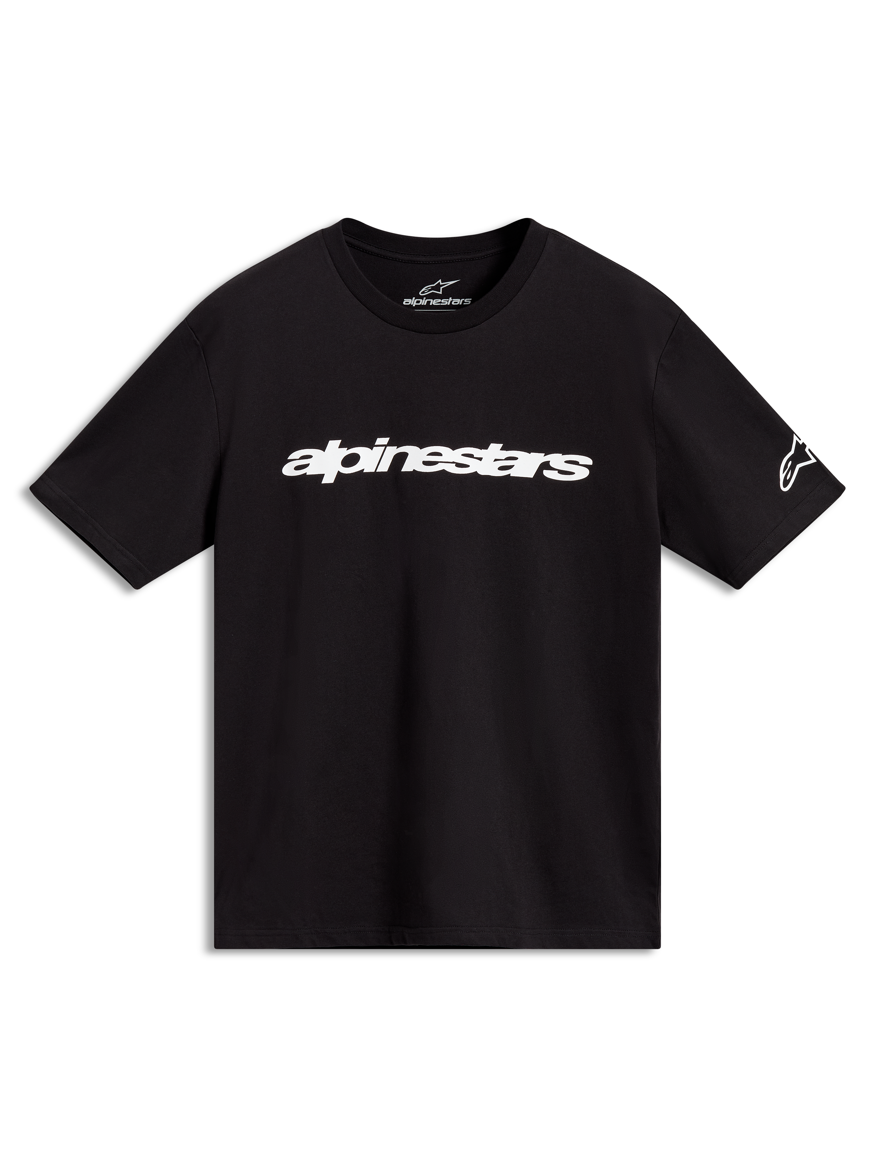 Alpinestars Race Wordmark CSF Tee, czarna koszulka z krótkim rękawem, białe linearne logo na klatce piersiowej i symbol na rękawie, sportowa odzież codzienna.