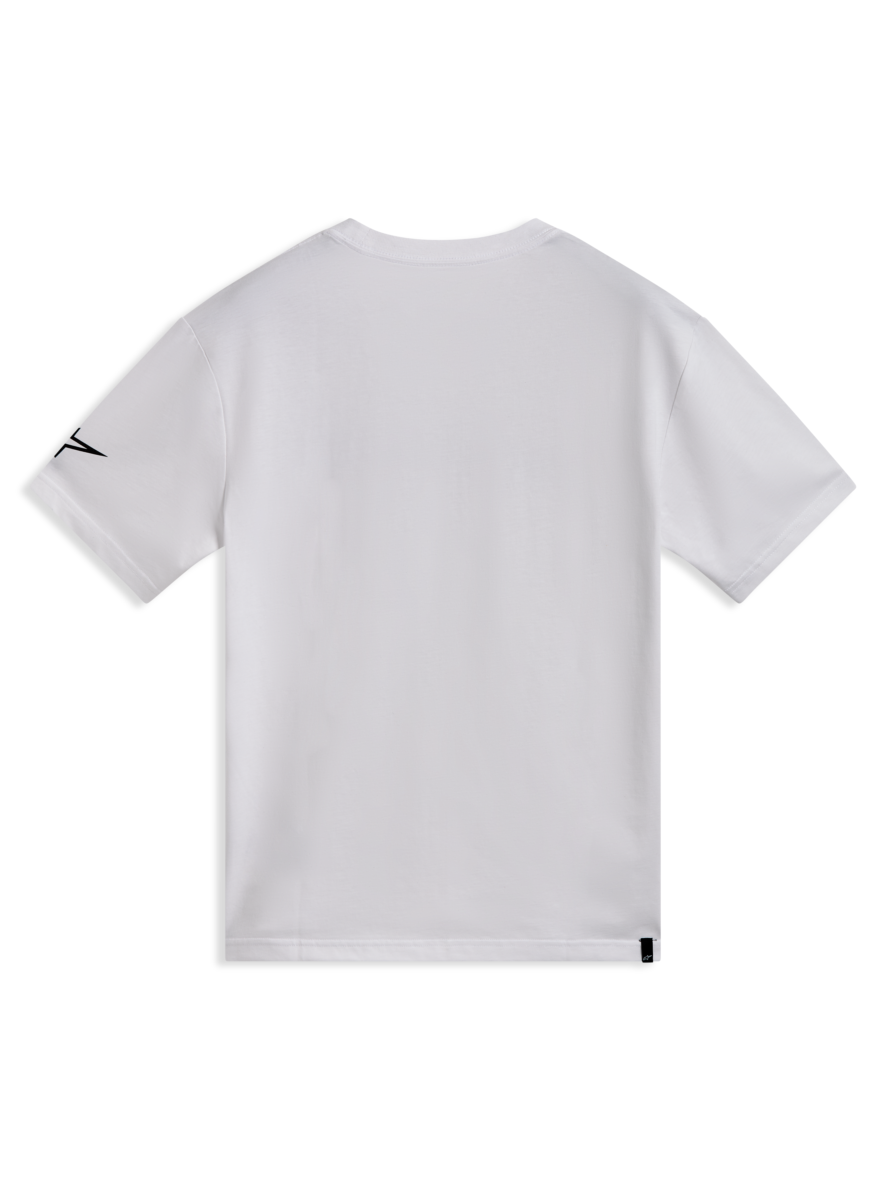 Alpinestars Race Wordmark CSF Tee, biała koszulka z krótkim rękawem, widok z tyłu z czarnym logo Ageless na rękawie.