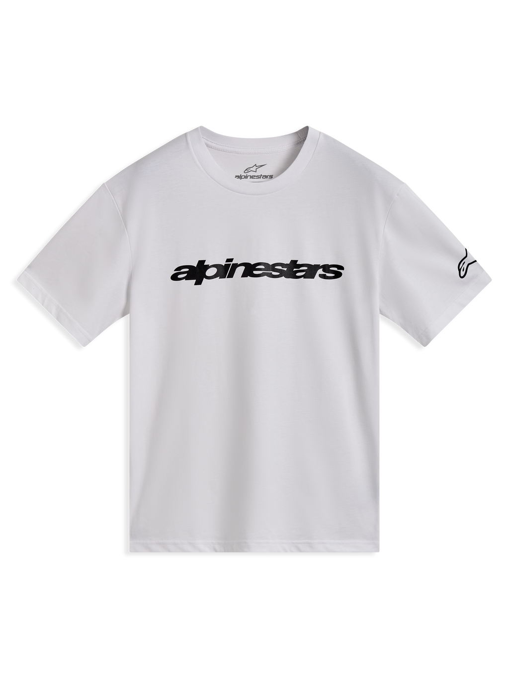 Alpinestars Race Wordmark CSF Tee, biała koszulka z krótkim rękawem, czarne logo na piersi i logo Ageless na rękawie.