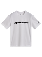 Alpinestars Race Wordmark CSF Tee, biała koszulka z krótkim rękawem, czarne logo na piersi i logo Ageless na rękawie.