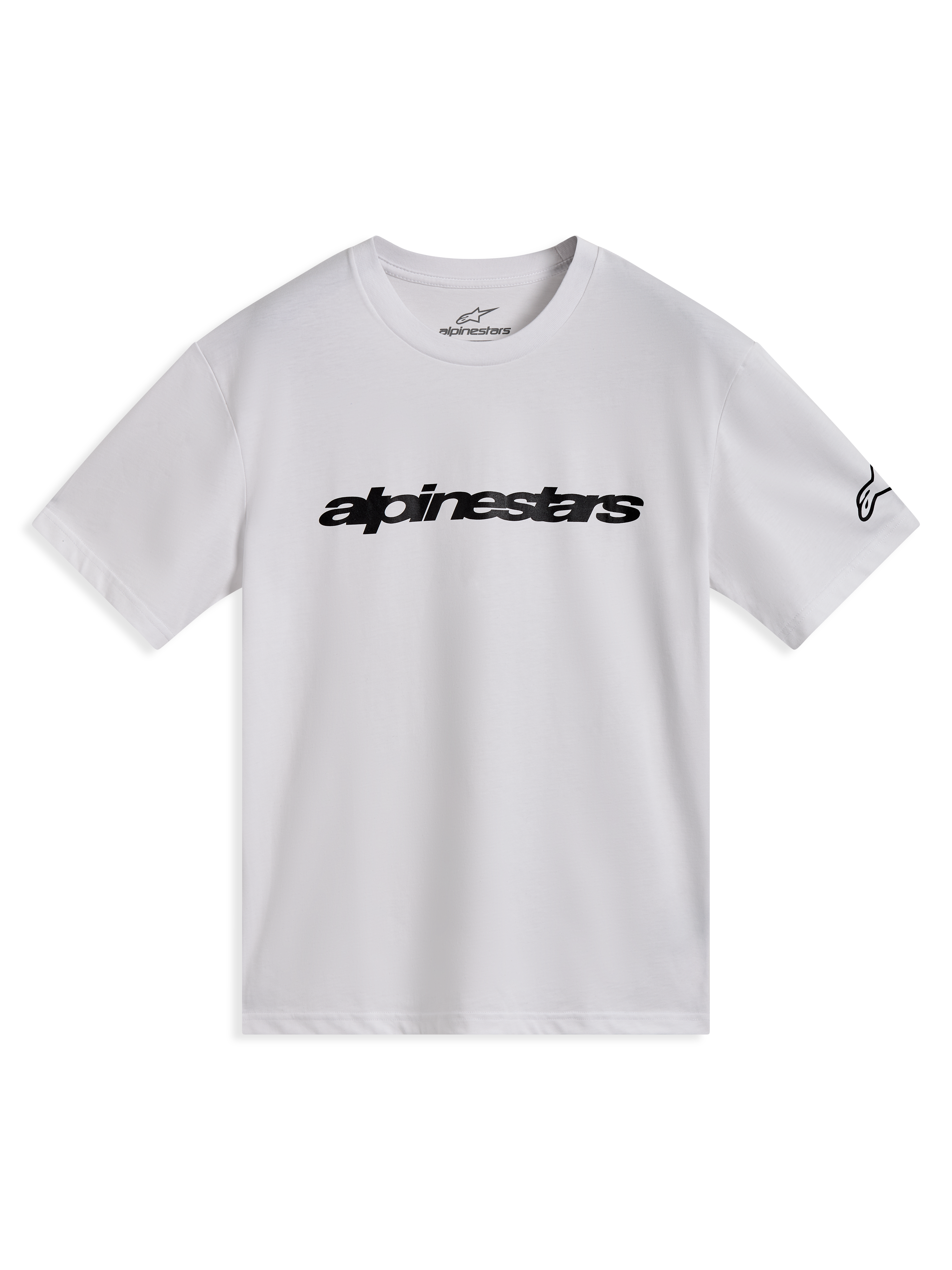 Alpinestars Race Wordmark CSF Tee, biała koszulka z krótkim rękawem, czarne logo na piersi i logo Ageless na rękawie.