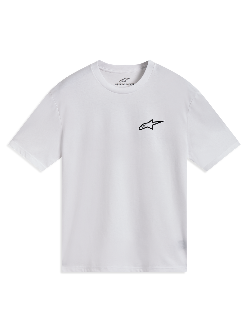 Alpinestars Combo Back CSF Tee, biała koszulka z krótkim rękawem, małe czarne logo Astars na piersi, casualowa odzież sportowa w stylu motorsport