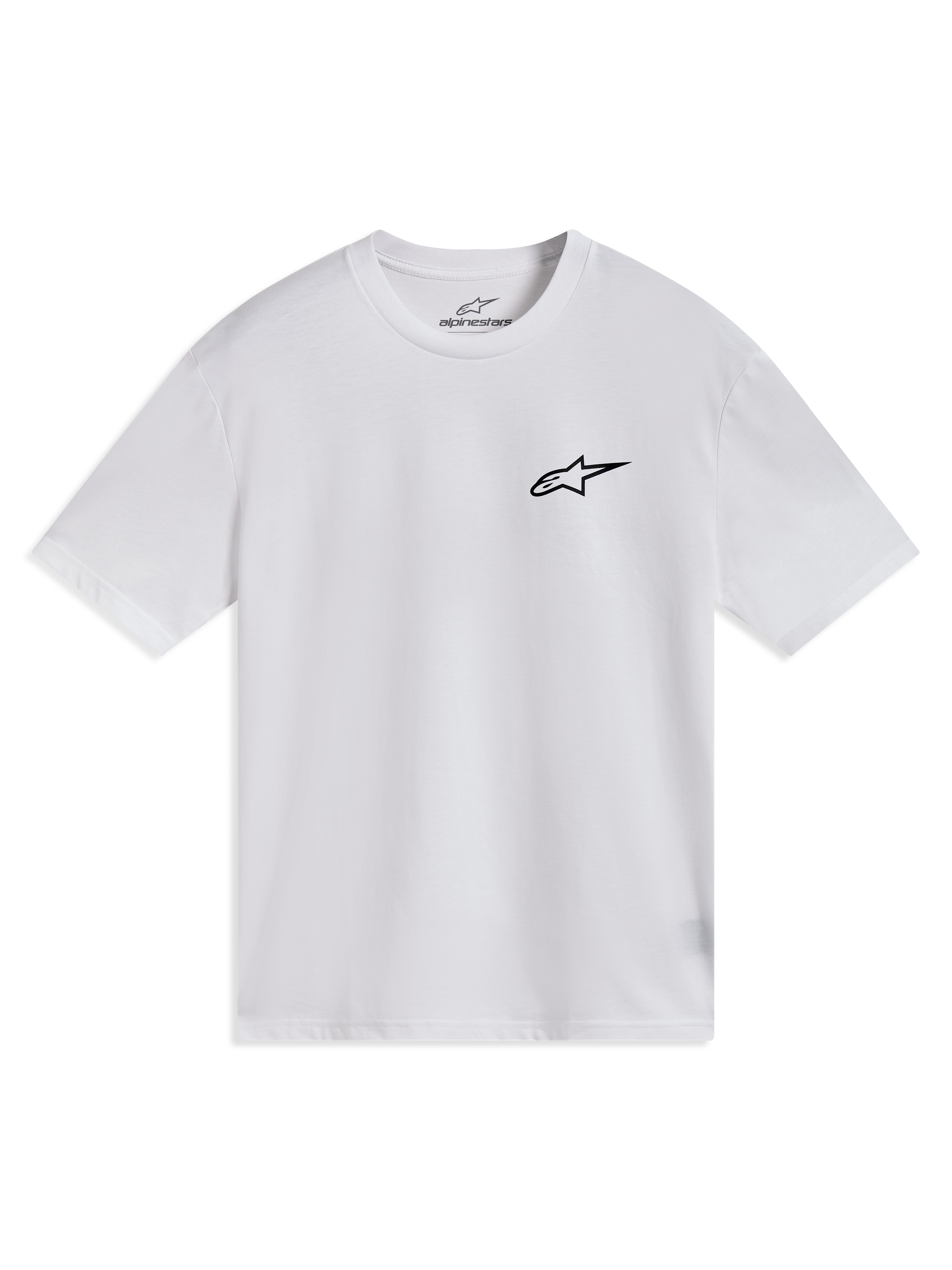 Alpinestars Combo Back CSF Tee, biała koszulka z krótkim rękawem, małe czarne logo Astars na piersi, casualowa odzież sportowa w stylu motorsport