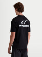 Alpinestars Combo Back CSF Tee, Short Sleeve Sportswear T-Shirt, Black and White, Rear View with Large Astars Logo and Wordmark Graphic, Premium Cotton-Poly Blend, Casual Motorsports Apparel.