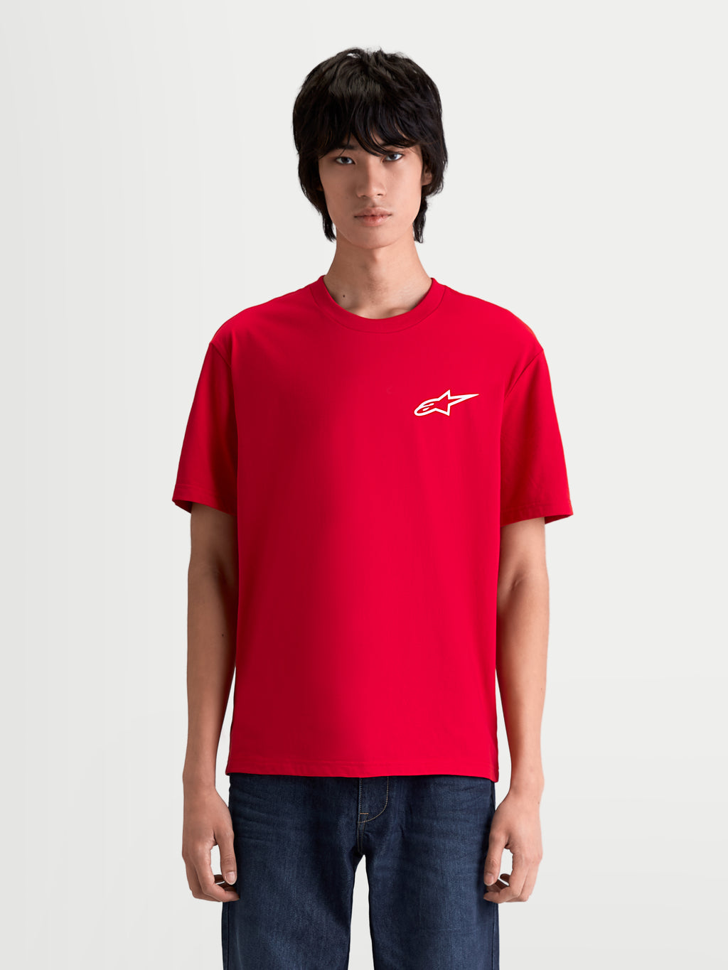 Alpinestars Koszulka Combo Back CSF, męska koszulka sportowa z krótkim rękawem, czerwona z białym logo Astars na piersi, casualowa odzież w stylu motorsport.