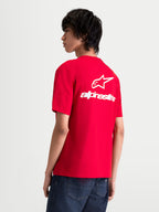 Alpinestars Koszulka Combo Back CSF, męska koszulka z krótkim rękawem, czerwona i biała, duża biała grafika logo Astars i napis na plecach, sportowa odzież codzienna inspirowana motorsportem.