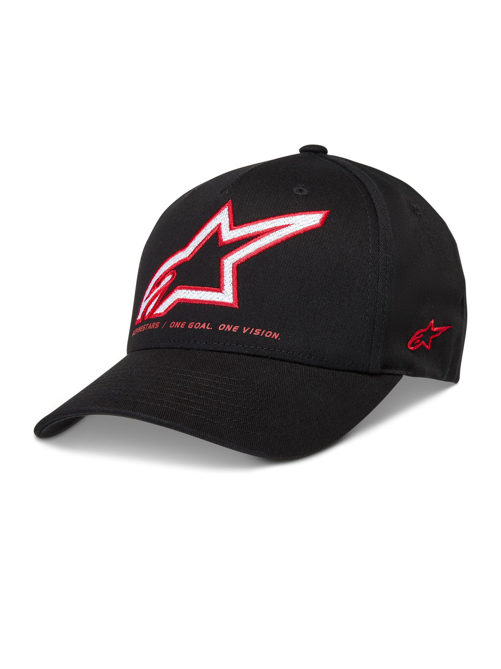 Alpinestars Lineout Kapelusz, czarna czapka z daszkiem z tkaniny keprowej z czerwono-białym haftem logo Astars.
