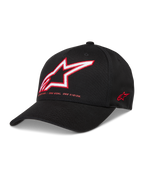 Alpinestars Lineout Kapelusz, czarna czapka z daszkiem z tkaniny keprowej z czerwono-białym haftem logo Astars.