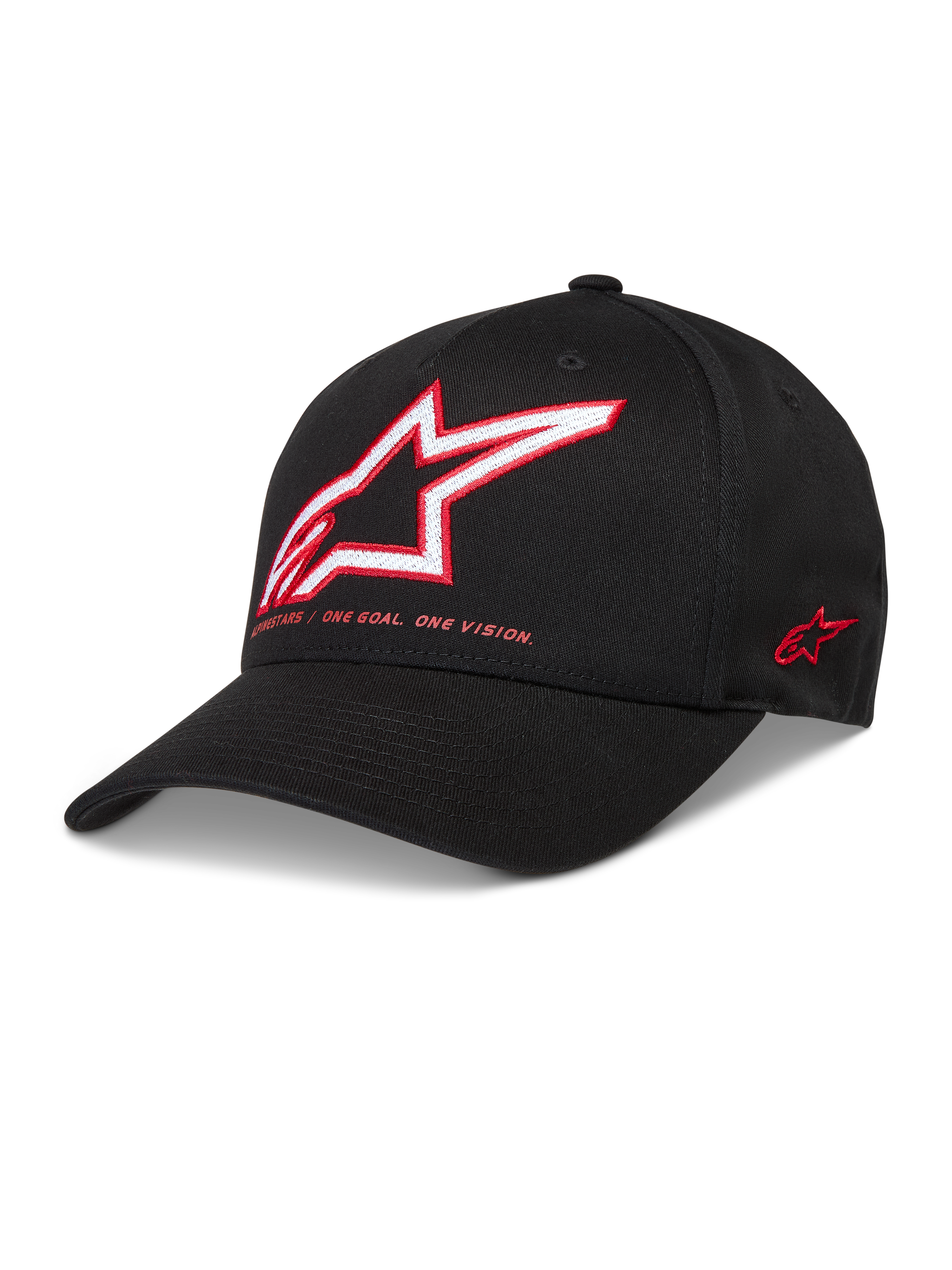 Alpinestars Lineout Kapelusz, czarna czapka z daszkiem z tkaniny keprowej z czerwono-białym haftem logo Astars.