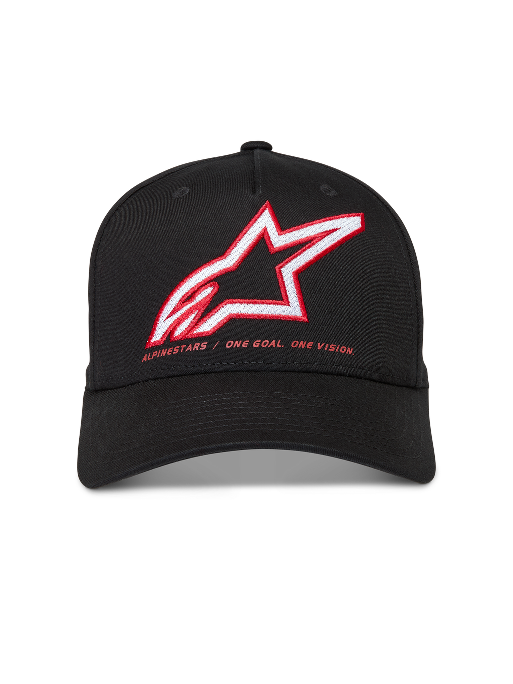 Alpinestars Lineout Kapelusz, czarna czapka z daszkiem z kepru, haftowane czerwono-białe logo Astars i motto marki.