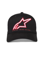 Alpinestars Lineout Kapelusz, czarna czapka z daszkiem z kepru, haftowane czerwono-białe logo Astars i motto marki.