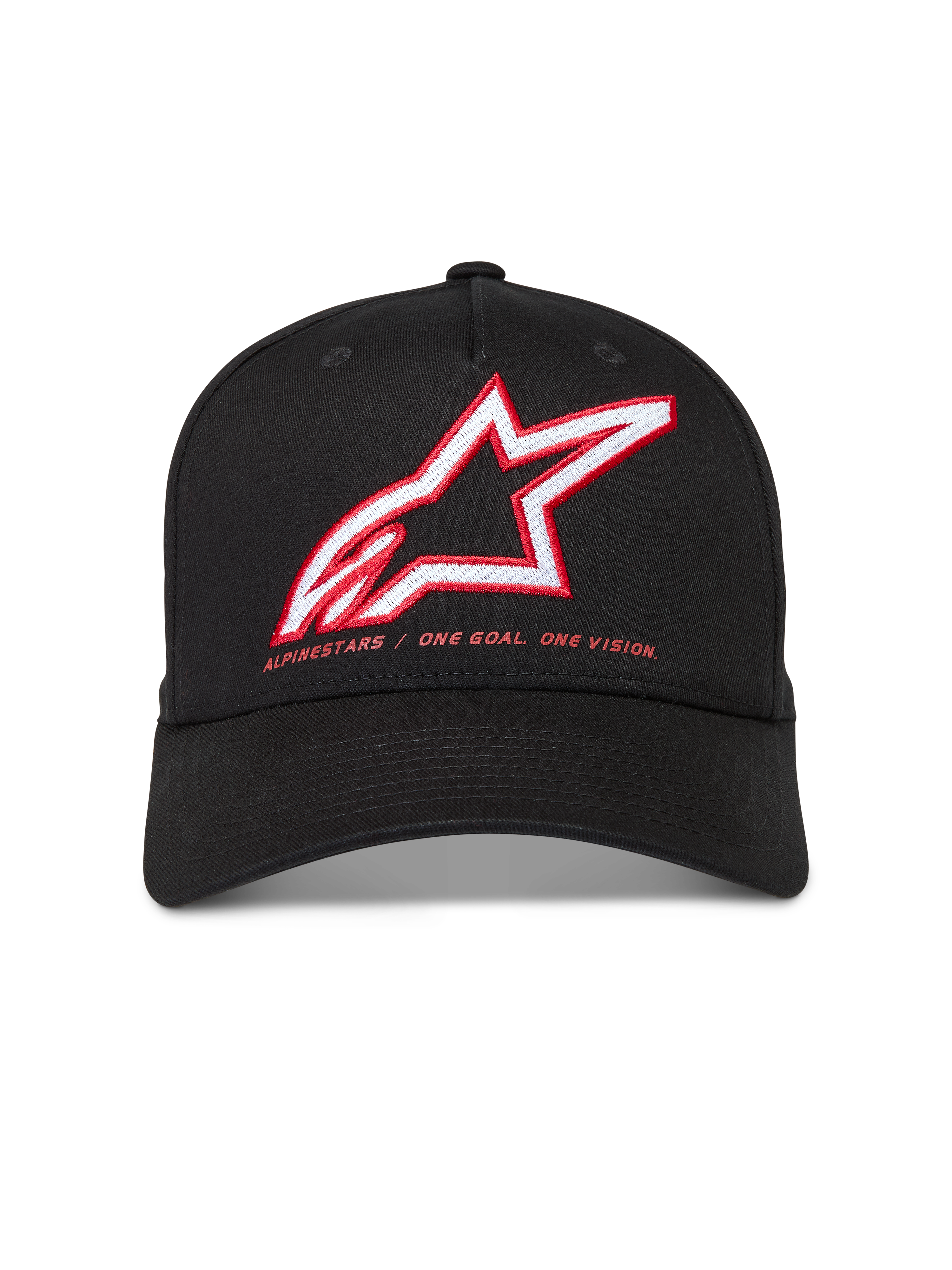 Alpinestars Lineout Kapelusz, czarna czapka z daszkiem z kepru, haftowane czerwono-białe logo Astars i motto marki.