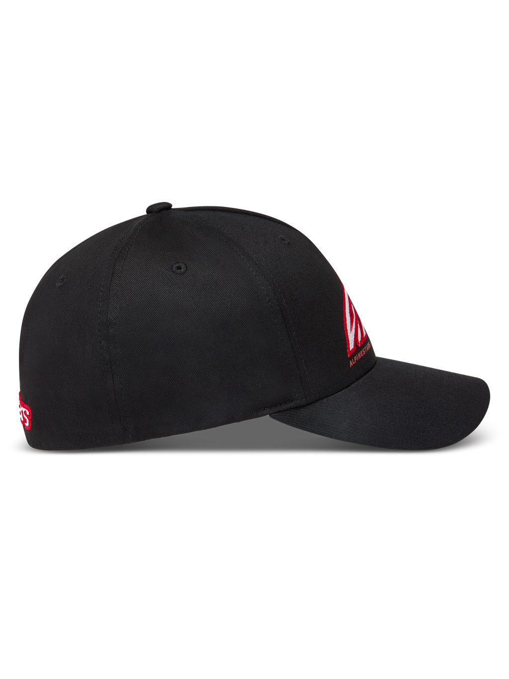 Alpinestars Lineout Hat, czarna czapka z daszkiem, usztywniona korona, czerwone i białe haftowane logo, tkanina keprowa.