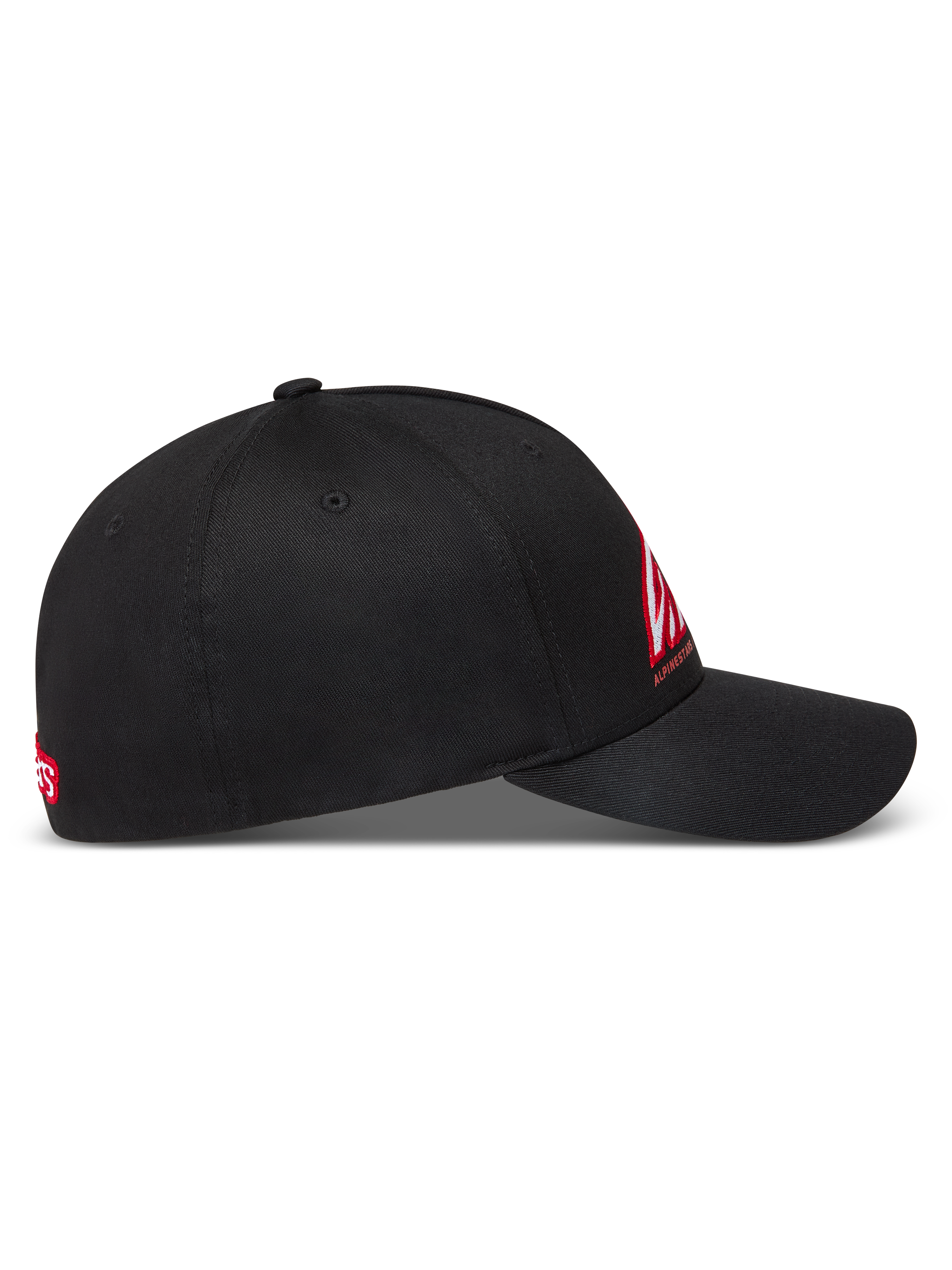 Alpinestars Lineout Hat, czarna czapka z daszkiem, usztywniona korona, czerwone i białe haftowane logo, tkanina keprowa.