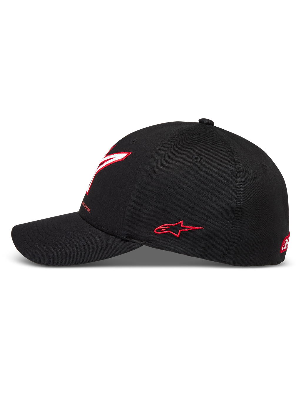 Alpinestars Lineout Hat, czarna czapka z daszkiem z tkaniny keprowej, zakrzywiony daszek, czerwone i białe haftowane logo Astars, styl motorsport.