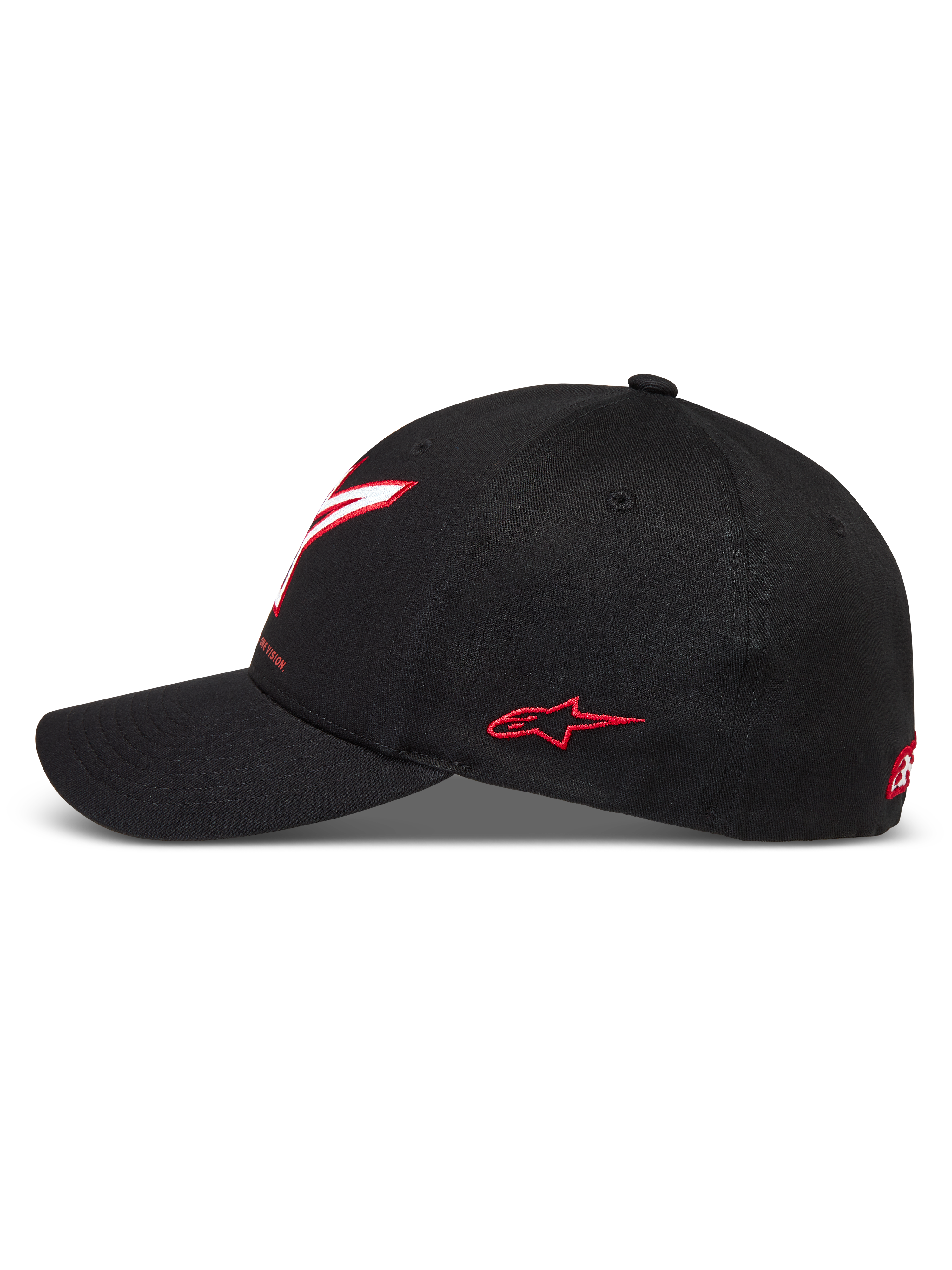Alpinestars Lineout Hat, czarna czapka z daszkiem z tkaniny keprowej, zakrzywiony daszek, czerwone i białe haftowane logo Astars, styl motorsport.