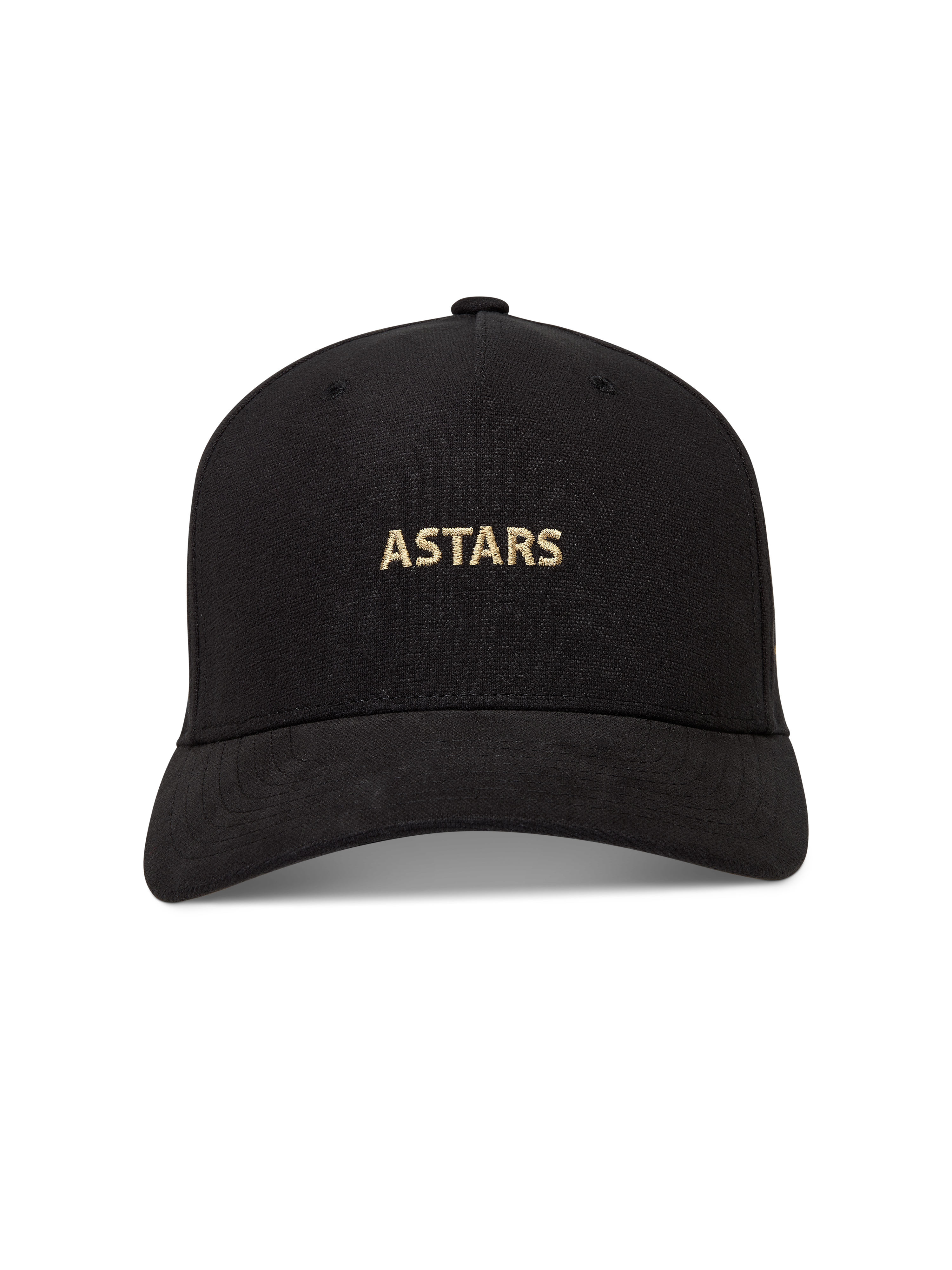 Alpinestars County Canvas Hat in black, featuring a gold embroidered ASTARS logo, curved bill, and structured crown.
