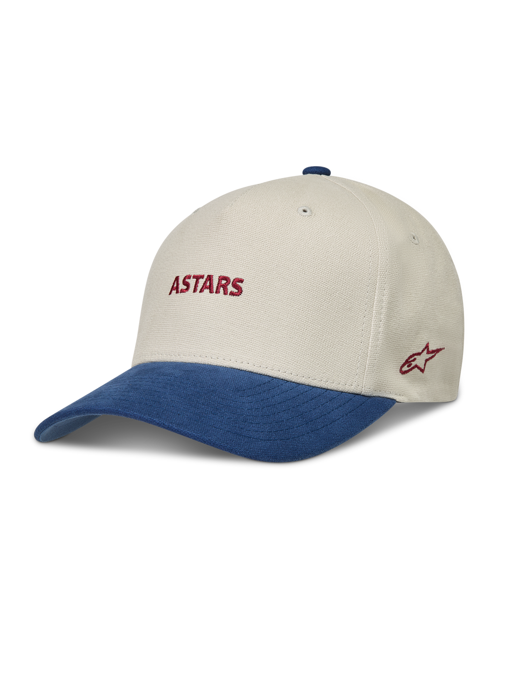 Alpinestars County Canvas Hat, piaskowa i niebieska czapka z daszkiem, zakrzywiony daszek, czerwony haft logo Astars.
