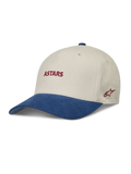 Alpinestars County Canvas Hat, piaskowa i niebieska czapka z daszkiem, zakrzywiony daszek, czerwony haft logo Astars.