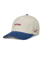 Alpinestars County Canvas Hat, piaskowa i niebieska czapka z daszkiem, zakrzywiony daszek, czerwony haft logo Astars.