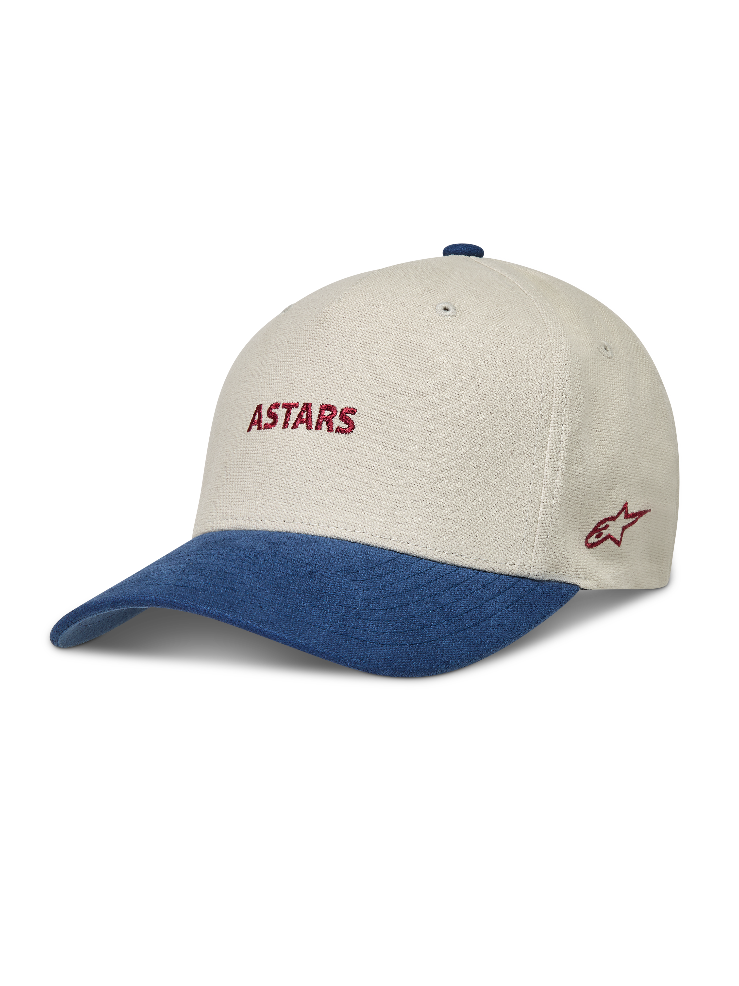 Alpinestars County Canvas Hat, piaskowa i niebieska czapka z daszkiem, zakrzywiony daszek, czerwony haft logo Astars.