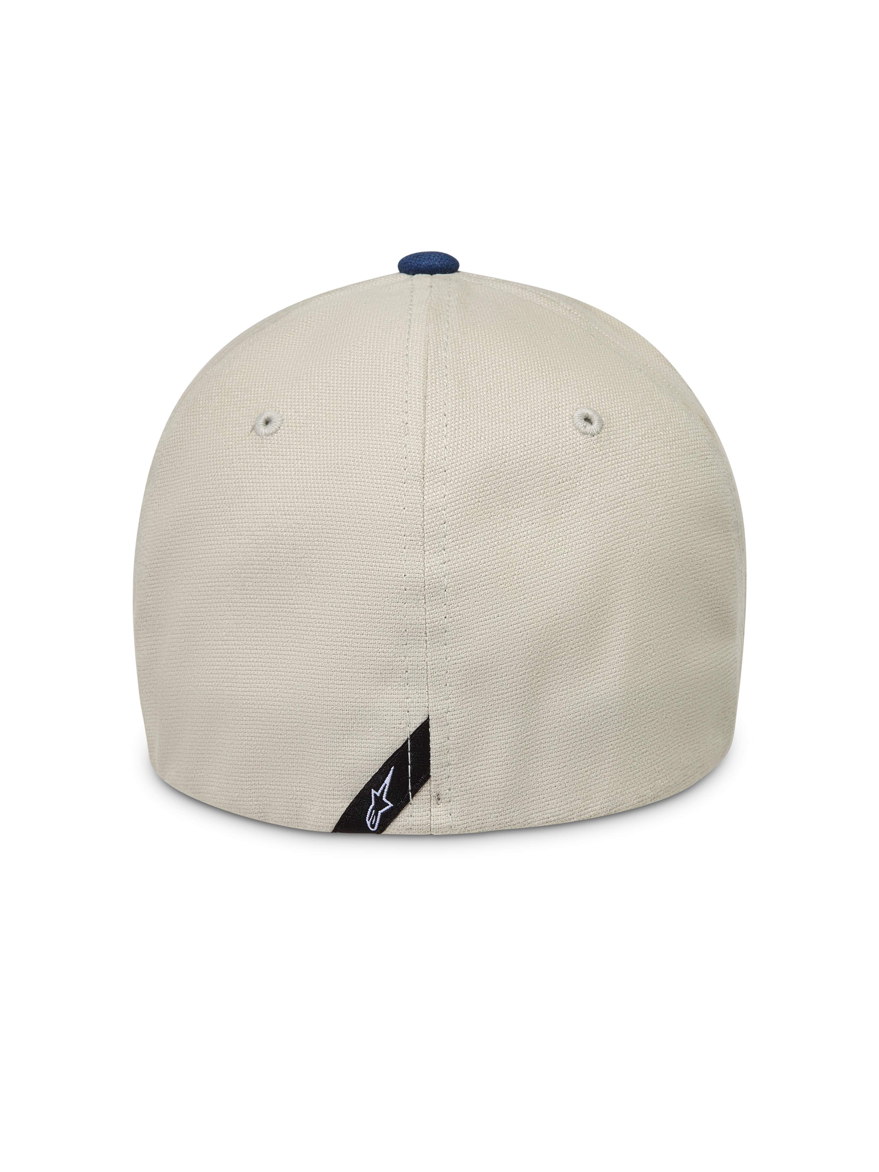 Alpinestars County Canvas Hat, piaskowa i niebieska czapka z daszkiem, elastyczny tył, widok z tyłu.