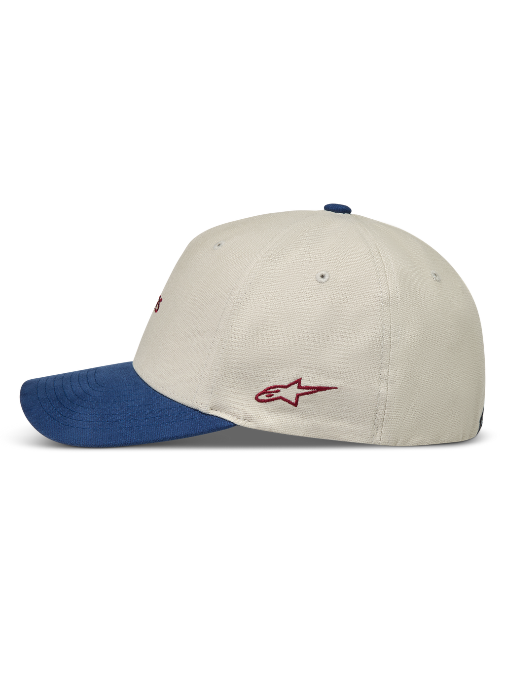 Alpinestars County Canvas kapelusz, piaskowa i niebieska czapka z daszkiem, widok z boku, czerwone logo Astars.
