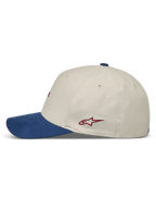 Alpinestars County Canvas kapelusz, piaskowa i niebieska czapka z daszkiem, widok z boku, czerwone logo Astars.