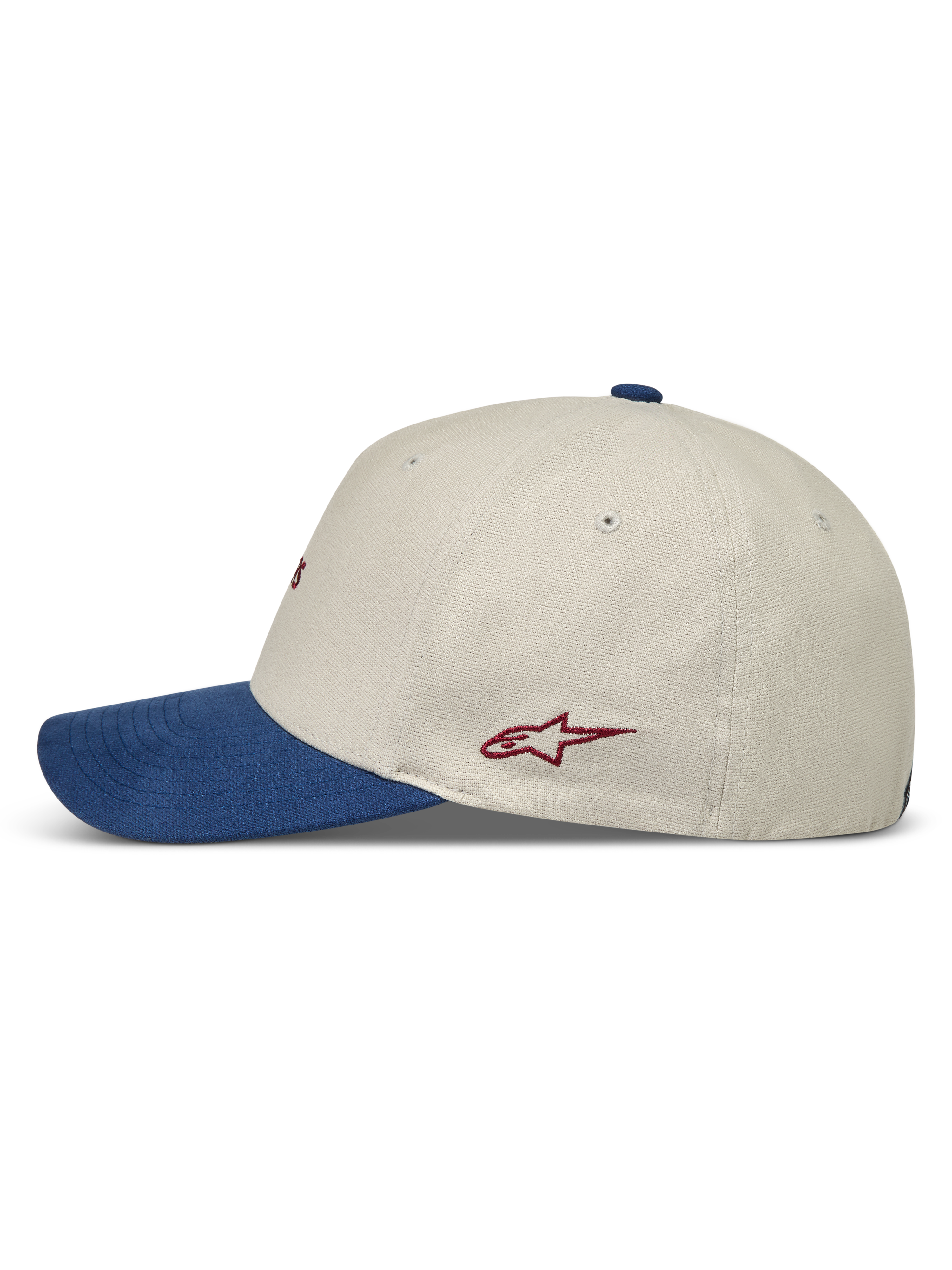 Alpinestars County Canvas kapelusz, piaskowa i niebieska czapka z daszkiem, widok z boku, czerwone logo Astars.