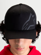 Alpinestars Maze Hat, Motorsport-Inspired Sportswear Baseball Cap, Unisex, Black, Twill Fabric with Structured Crown, Curved Bill, and Textured Tonal Astars Corp Shift Logo, On-Model Front View.