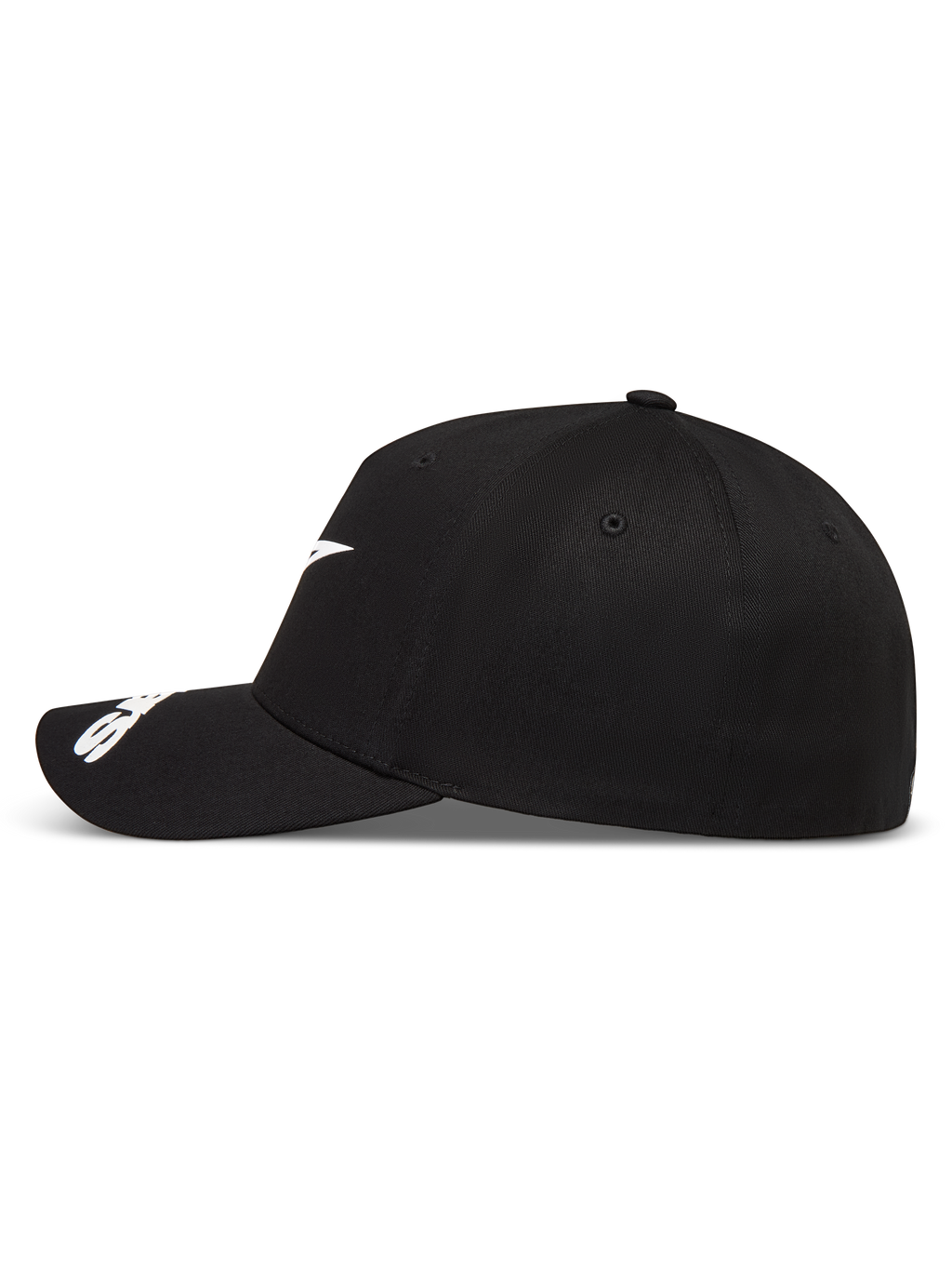 Alpinestars Arclight Hat, Black Sportswear Baseball Cap, side view with white logo, curved bill, and structured crown.