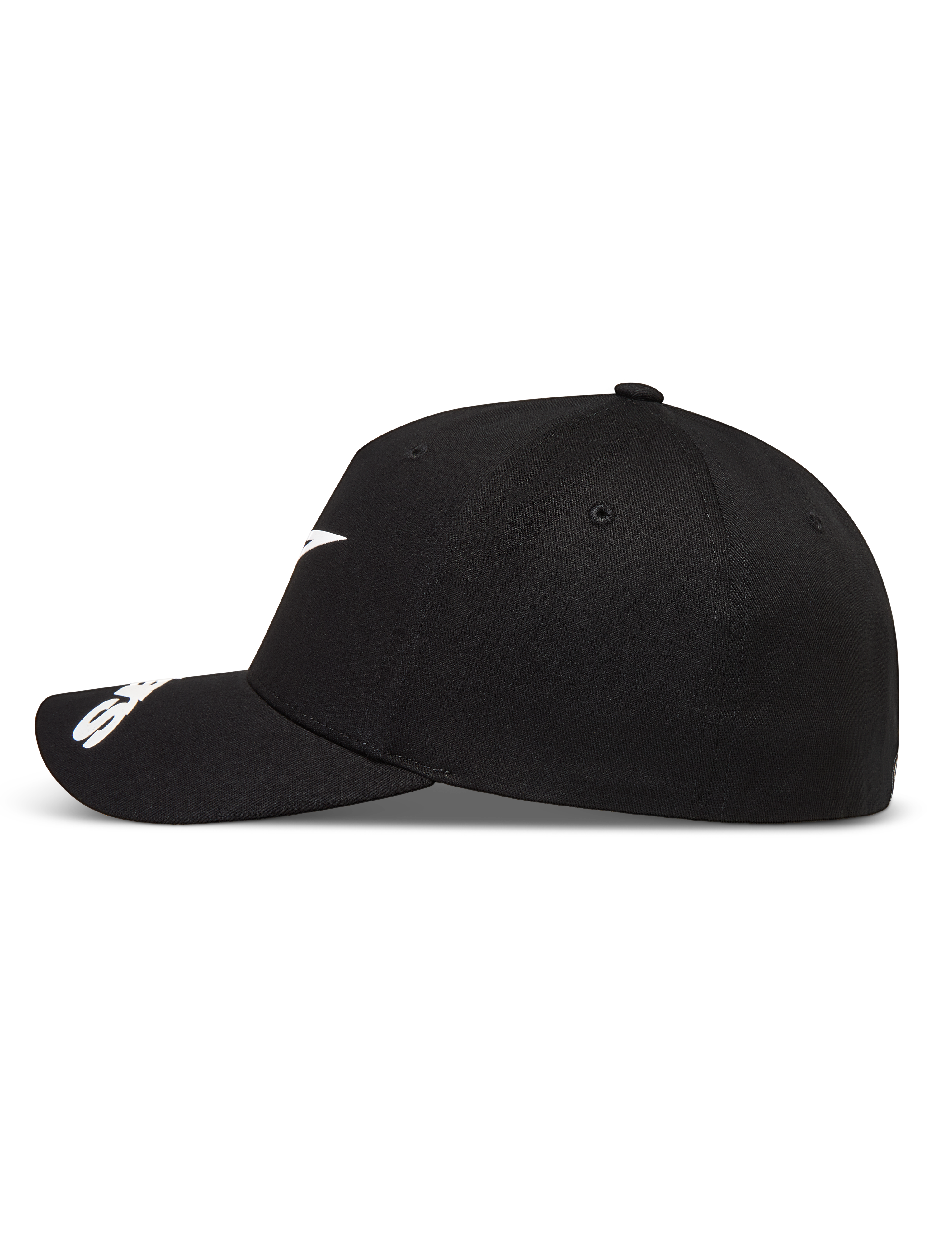 Alpinestars Arclight Hat, Black Sportswear Baseball Cap, side view with white logo, curved bill, and structured crown.