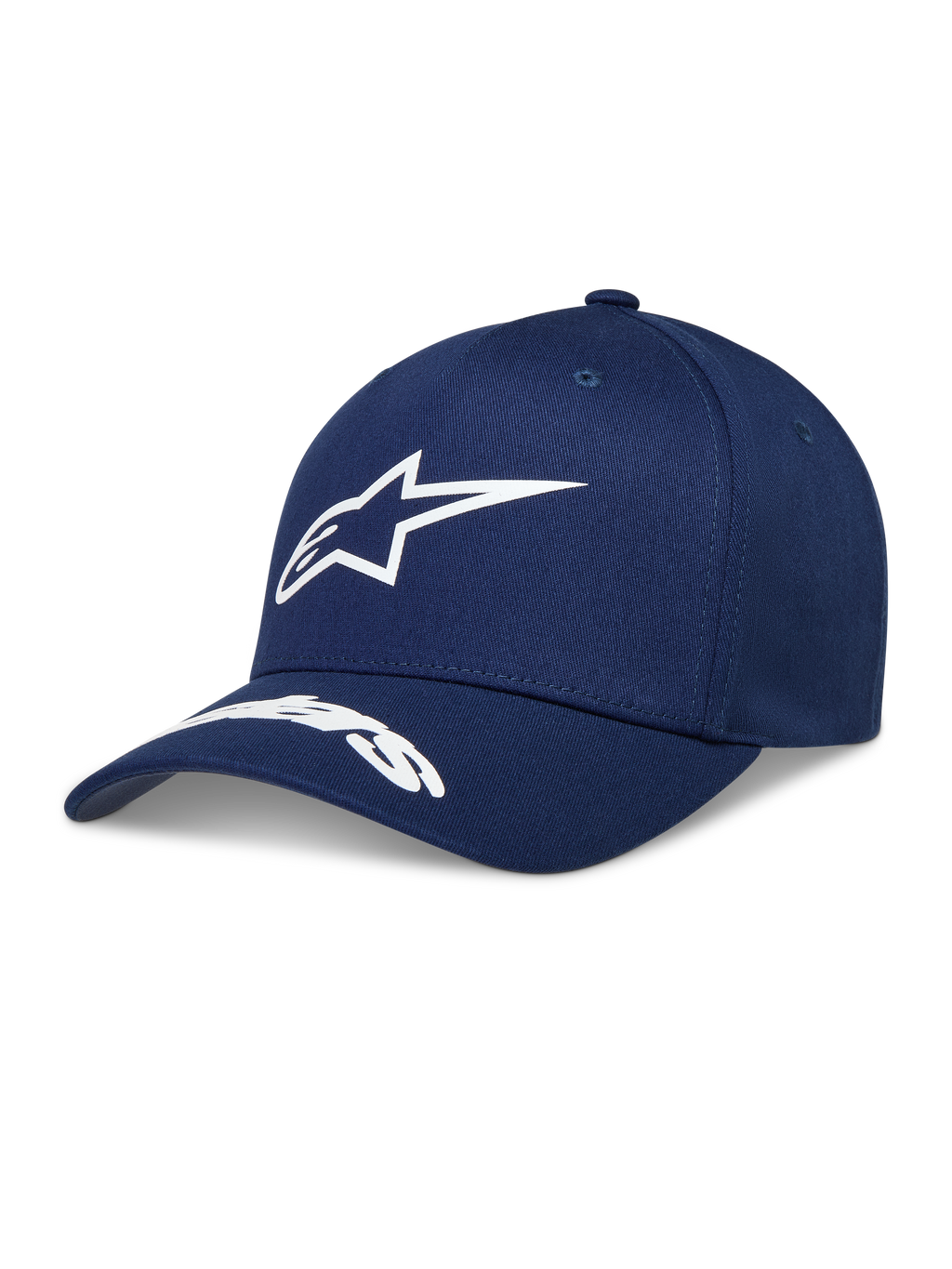 Alpinestars Arclight Hat, granatowa czapka z daszkiem, białe wypukłe logo Astars, zakrzywiony daszek, usztywniona korona.
