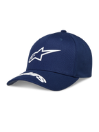 Alpinestars Arclight Hat, granatowa czapka z daszkiem, białe wypukłe logo Astars, zakrzywiony daszek, usztywniona korona.