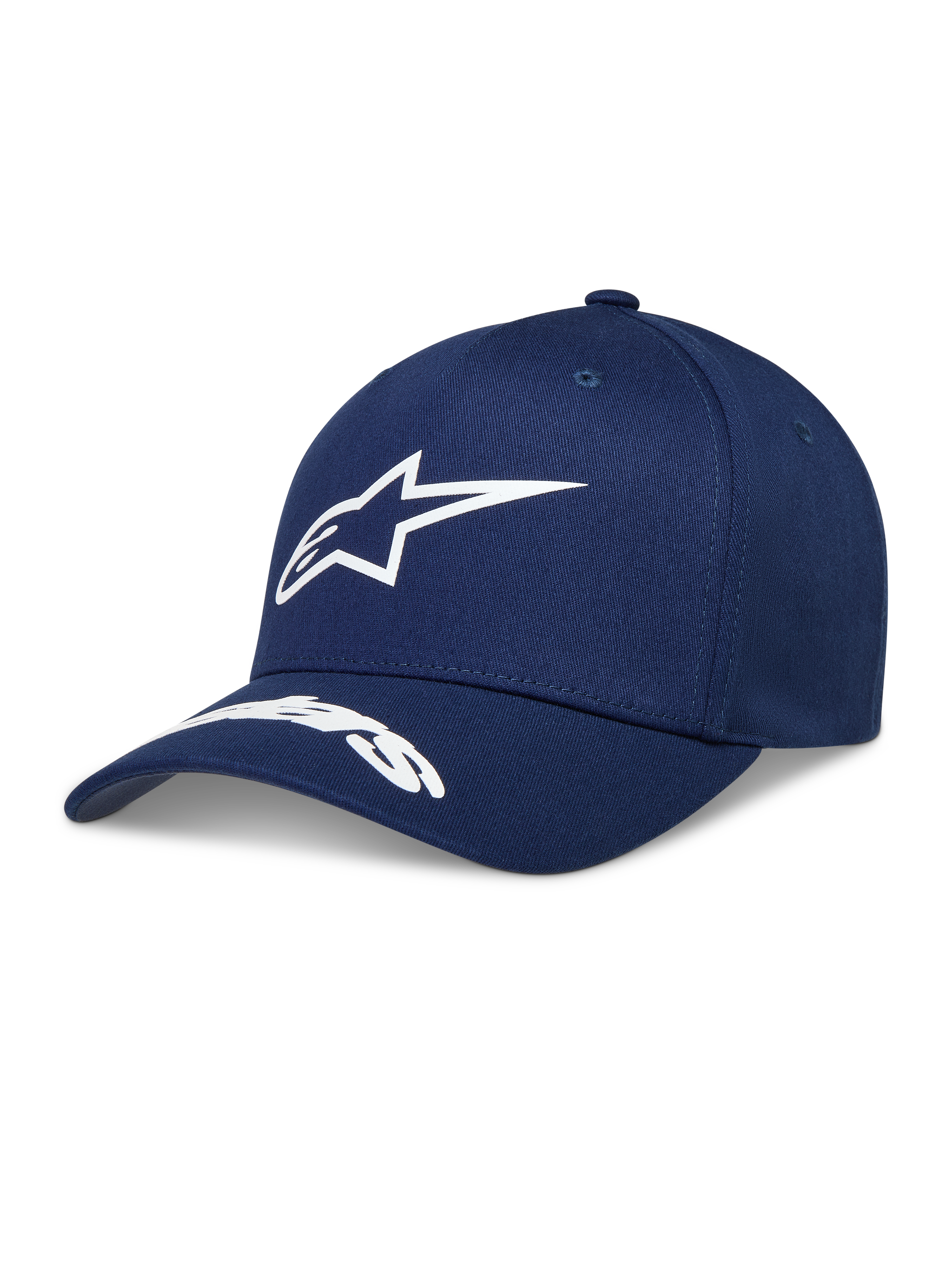 Alpinestars Arclight Hat, granatowa czapka z daszkiem, białe wypukłe logo Astars, zakrzywiony daszek, usztywniona korona.