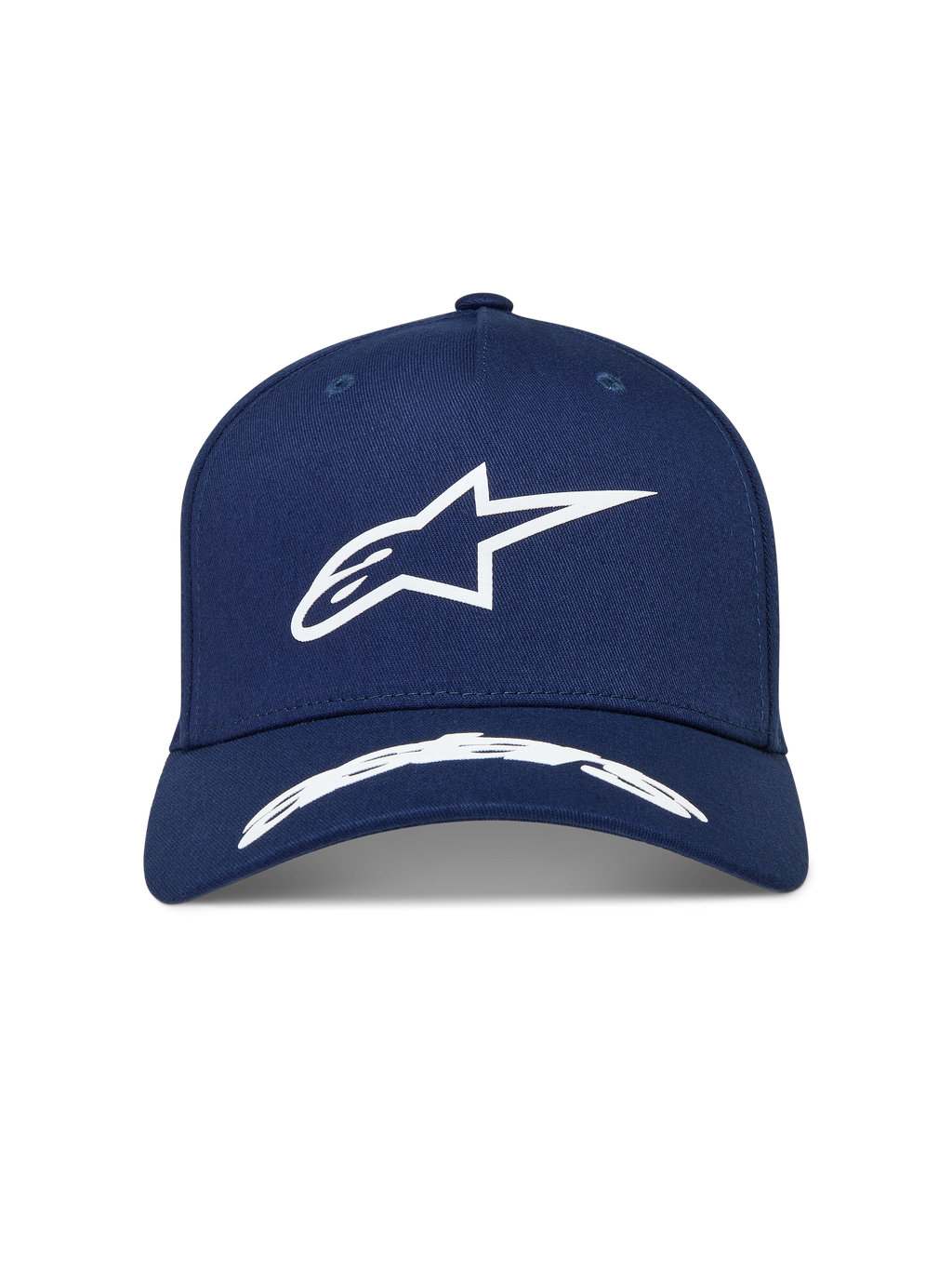 Alpinestars Arclight, granatowa czapka z daszkiem z białym wypukłym logo Astars, usztywniona korona i zakrzywiony daszek, sportowa odzież motorsportowa.