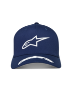 Alpinestars Arclight, granatowa czapka z daszkiem z białym wypukłym logo Astars, usztywniona korona i zakrzywiony daszek, sportowa odzież motorsportowa.
