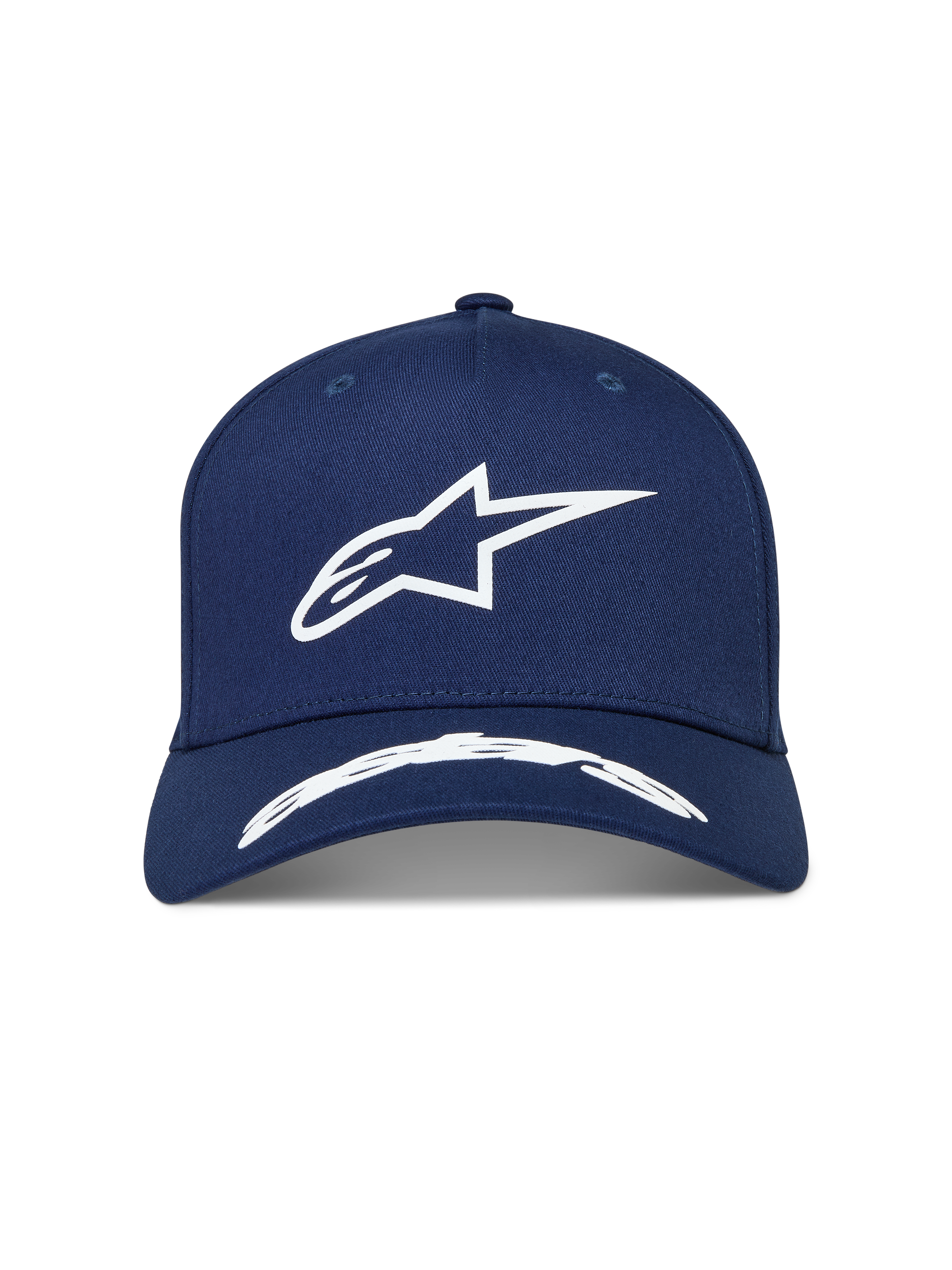 Alpinestars Arclight, granatowa czapka z daszkiem z białym wypukłym logo Astars, usztywniona korona i zakrzywiony daszek, sportowa odzież motorsportowa.