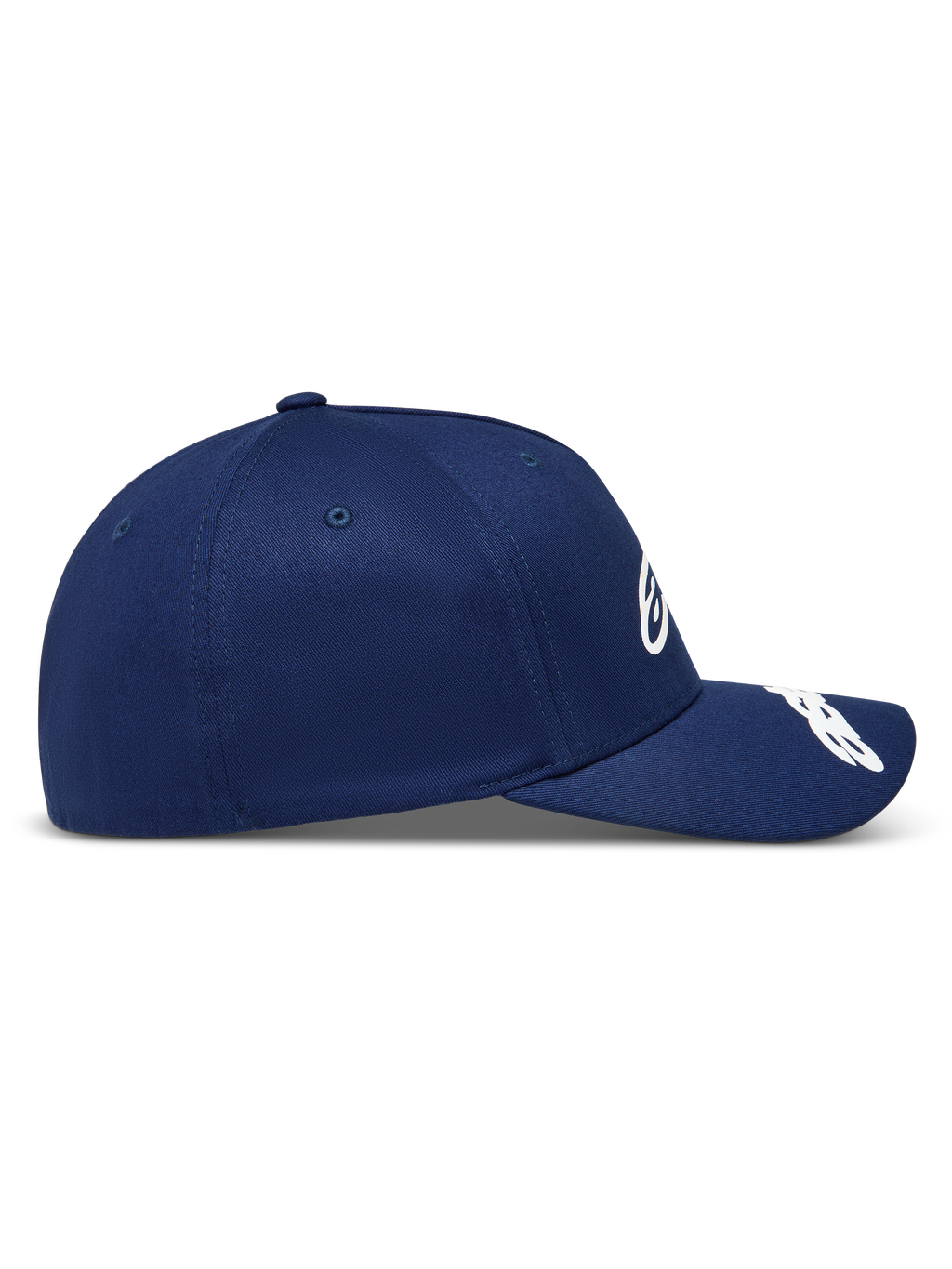 Alpinestars Arclight Hat, granatowa czapka z daszkiem typu twill, usztywniona korona i zakrzywiony daszek, profil boczny.