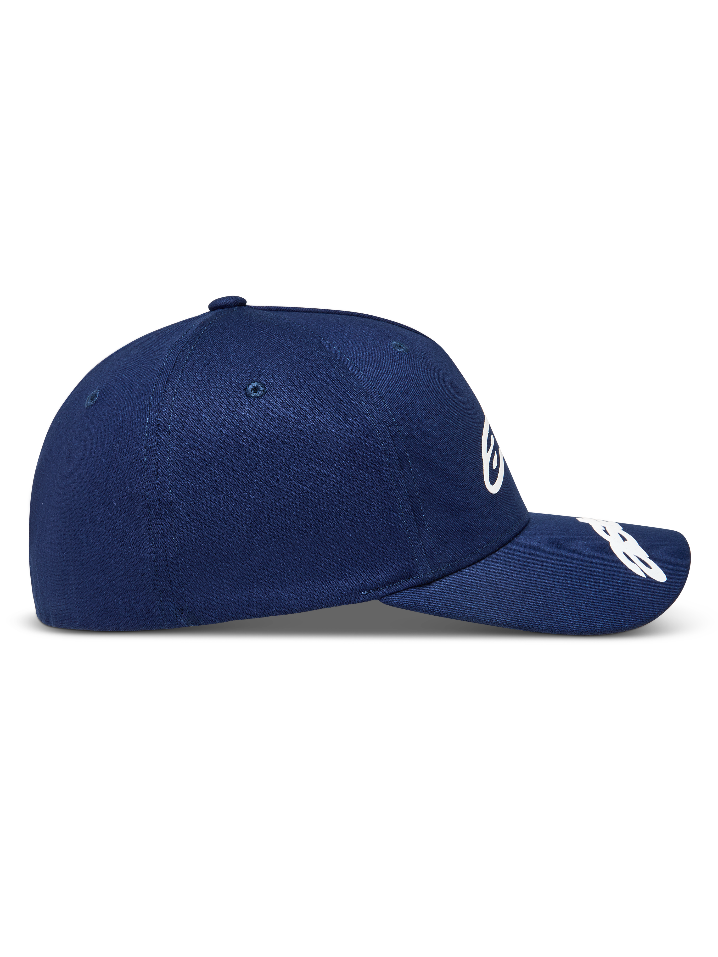 Alpinestars Arclight Hat, granatowa czapka z daszkiem typu twill, usztywniona korona i zakrzywiony daszek, profil boczny.