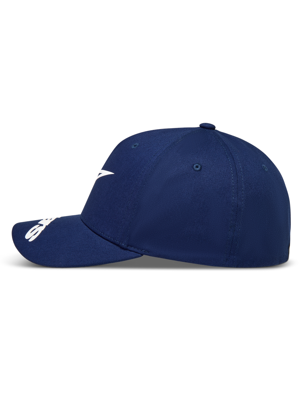 Alpinestars Arclight Hat, granatowa sportowa czapka z daszkiem, profil boczny z białym logo i zakrzywionym daszkiem.