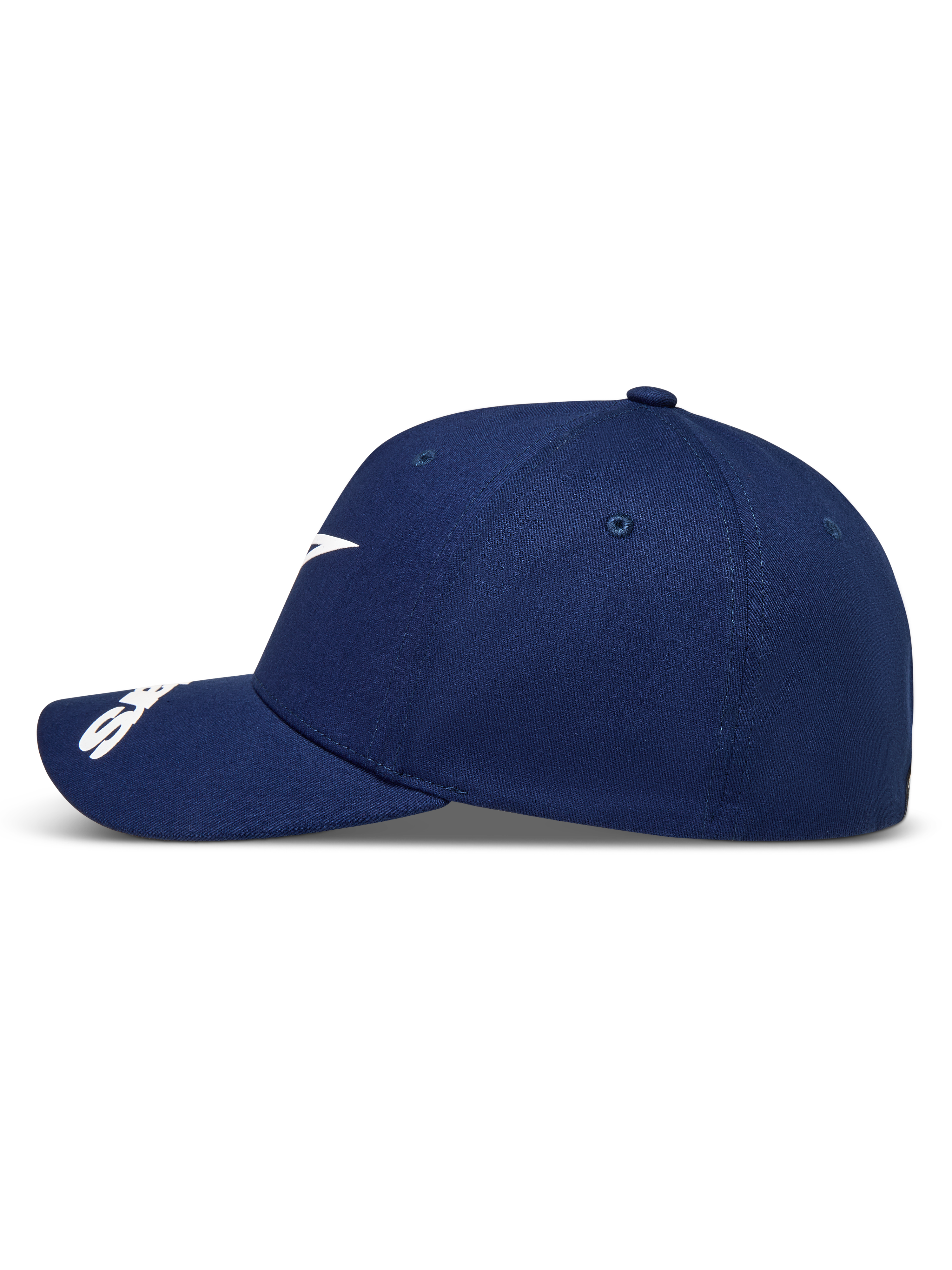 Alpinestars Arclight Hat, granatowa sportowa czapka z daszkiem, profil boczny z białym logo i zakrzywionym daszkiem.