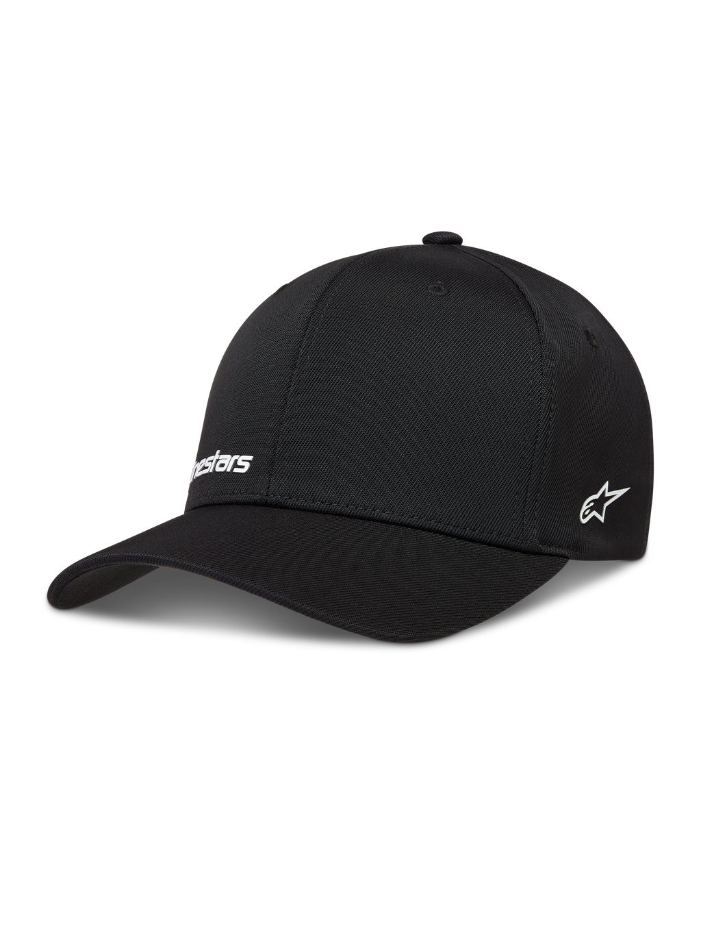 Alpinestars Points Hat, black nylon tactel sportswear cap featuring white HD print logos and flex back fit.