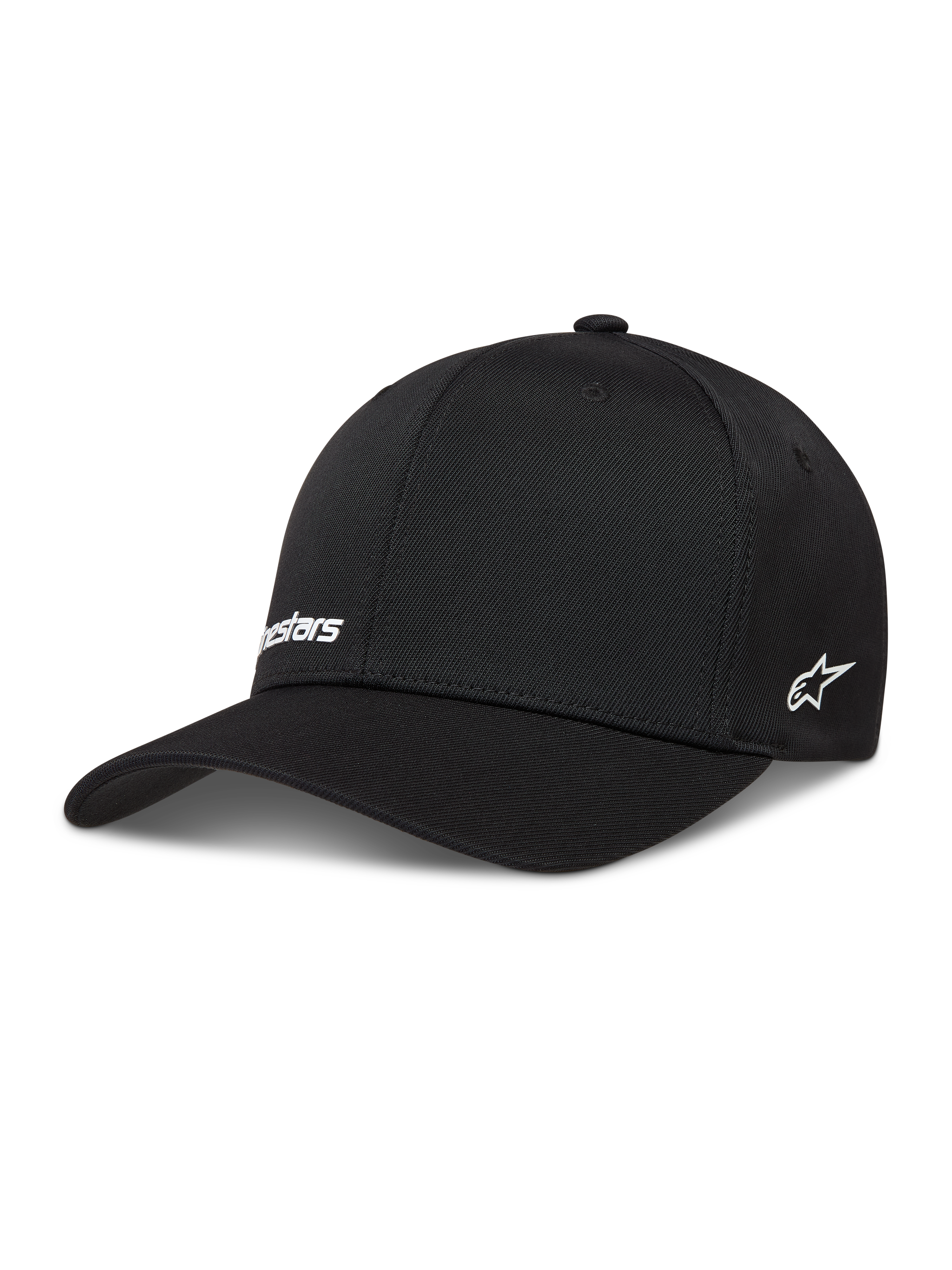 Alpinestars Points Hat, black nylon tactel sportswear cap featuring white HD print logos and flex back fit.