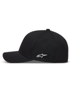Alpinestars Points Hat, black sportswear baseball cap with a white HD print side logo and curved brim, made from nylon tactel.