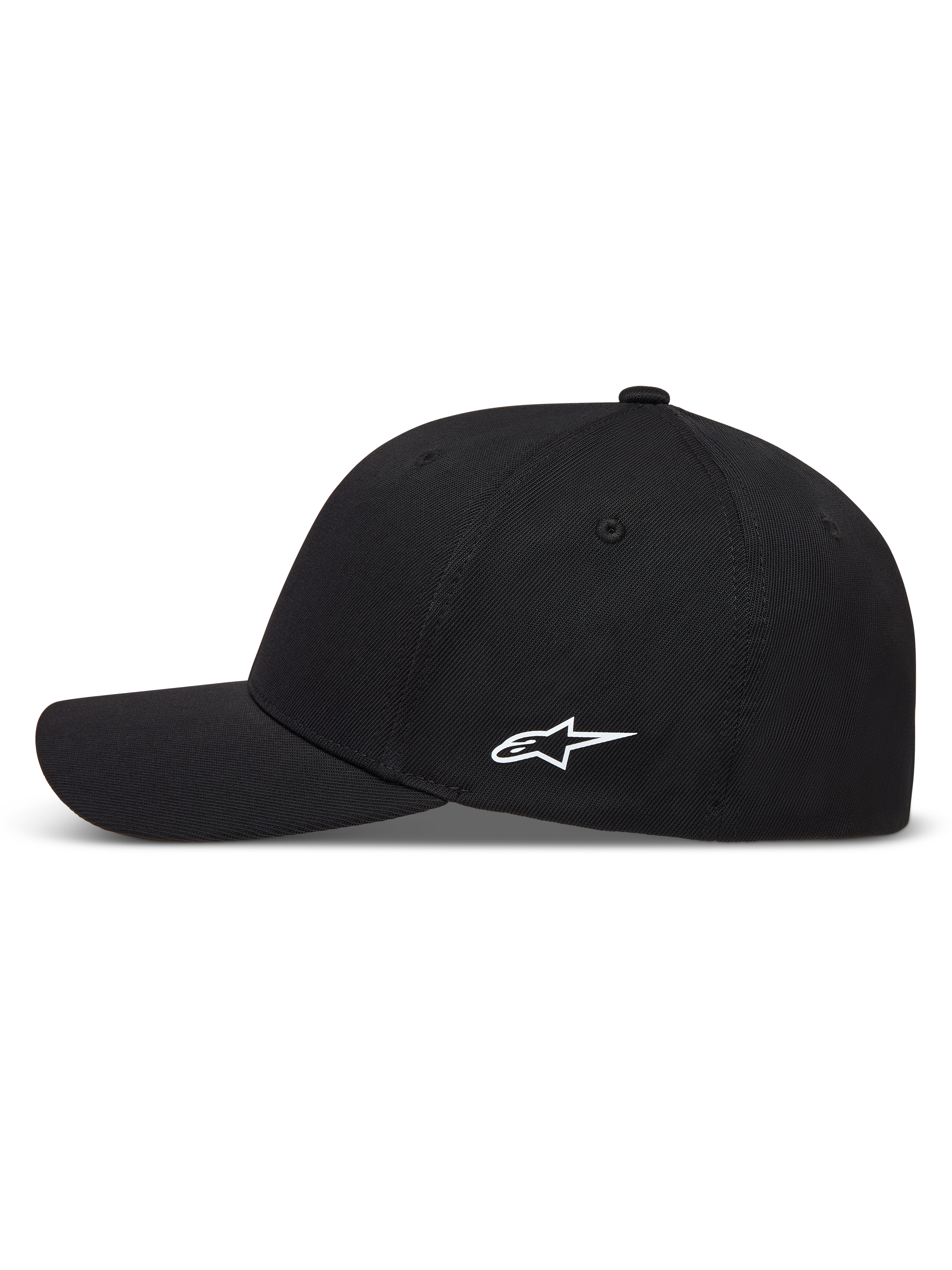 Alpinestars Points Hat, black sportswear baseball cap with a white HD print side logo and curved brim, made from nylon tactel.