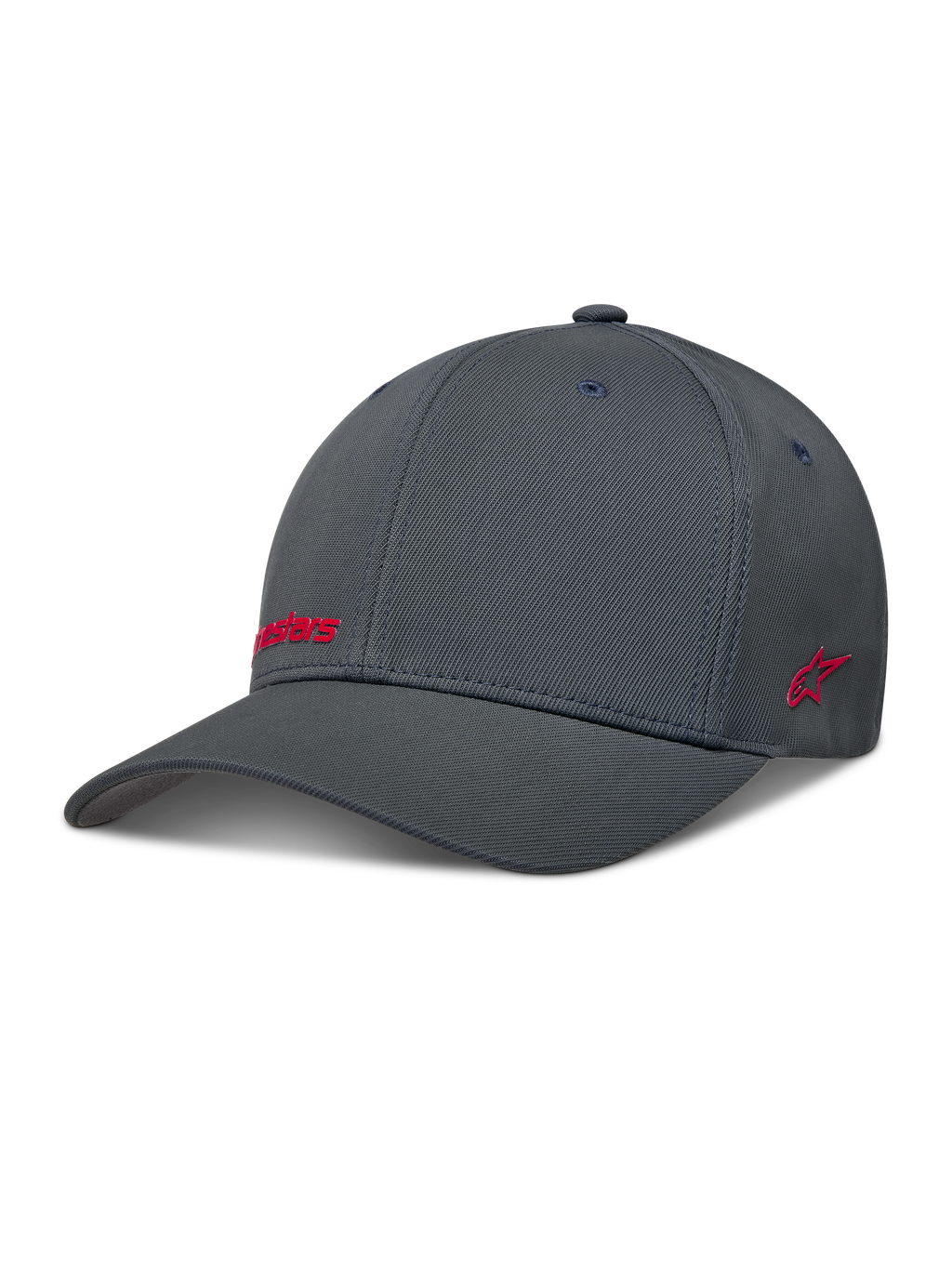 Alpinestars Points Kapelusz, ciemnoszara sportowa czapka z daszkiem flex-back z nylonu tactel, czerwone logo w druku HD.